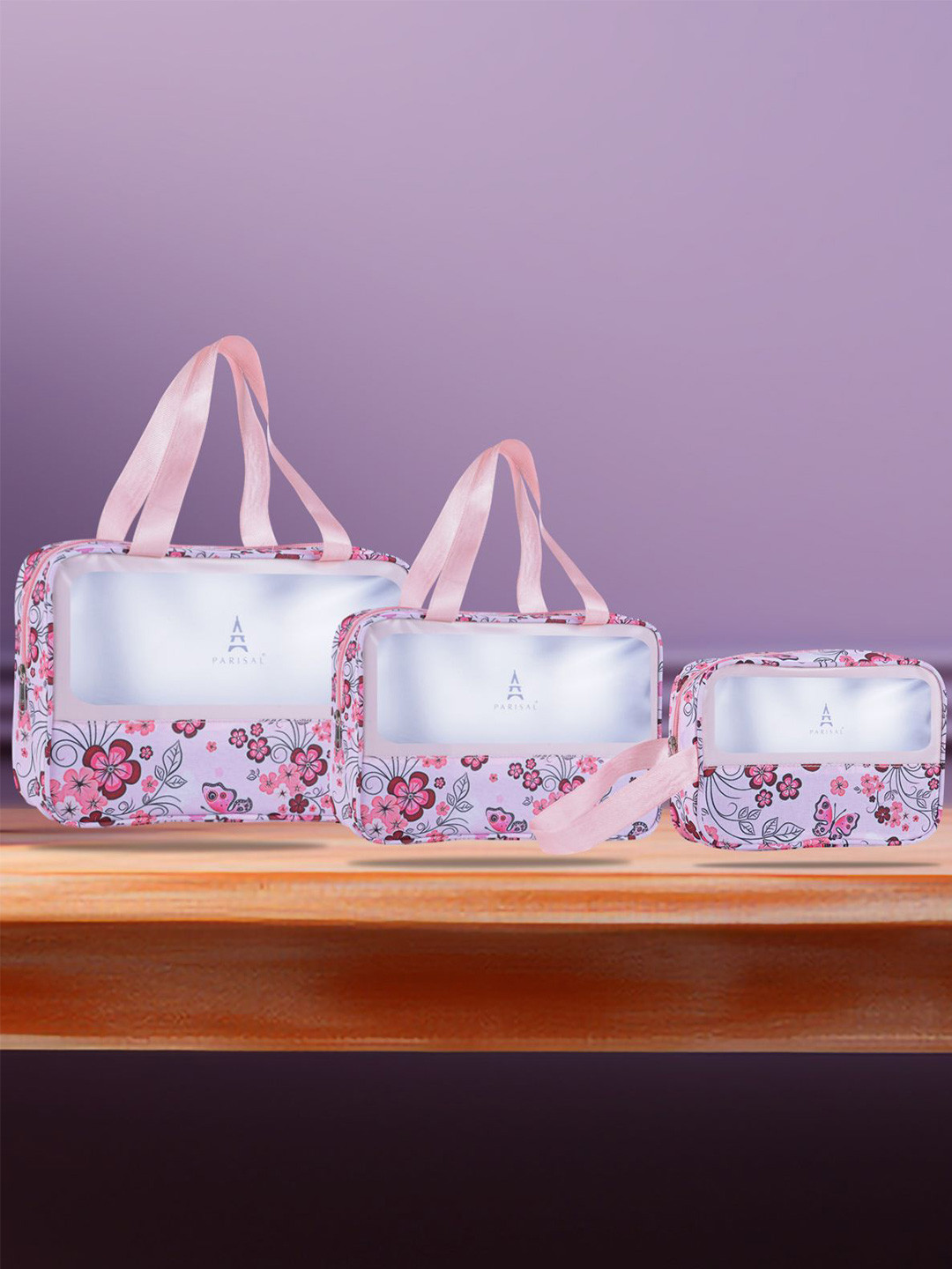PARISAL Women Set Of 3 Floral Printed Transparent Travel Organizer Bags