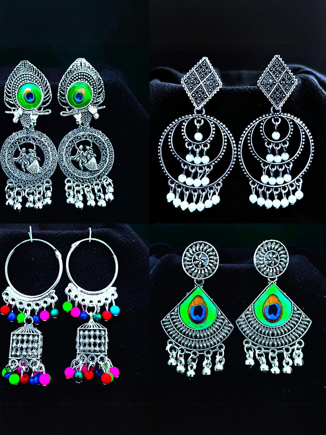 ANNORA INTERNATIONAL Pack of 4 Silver-toned Jhumkas Earrings