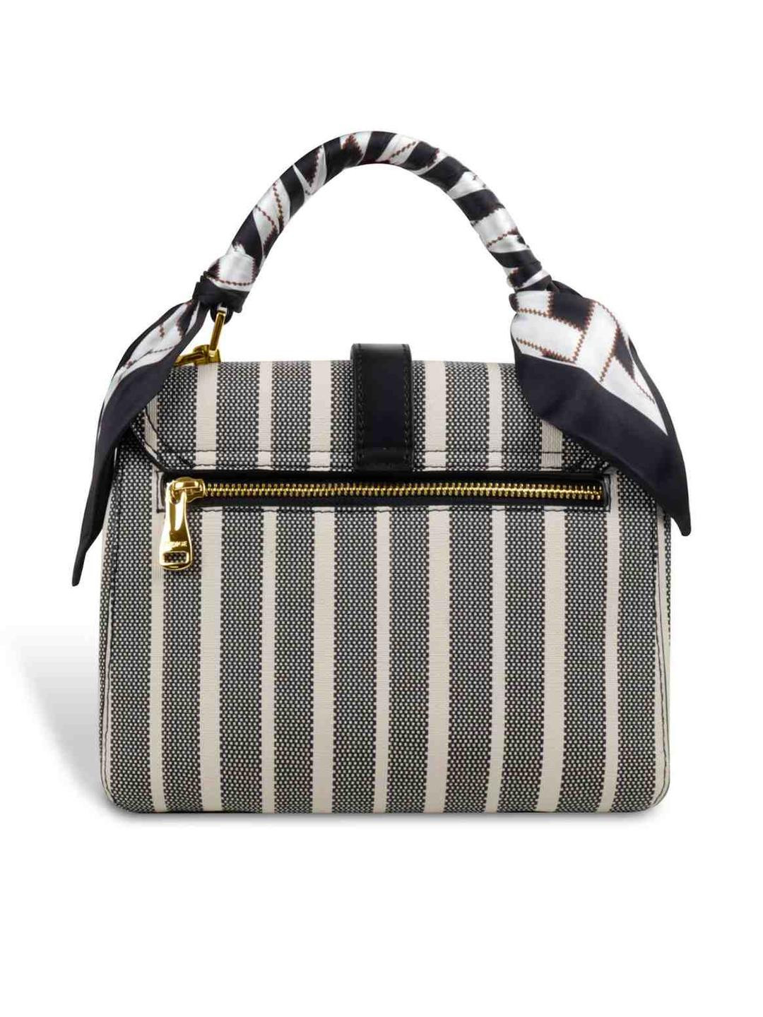 MAGNOLIA Women Black & Grey Striped Shopper Synthetic Tote Bag With Detachable Sling Strap