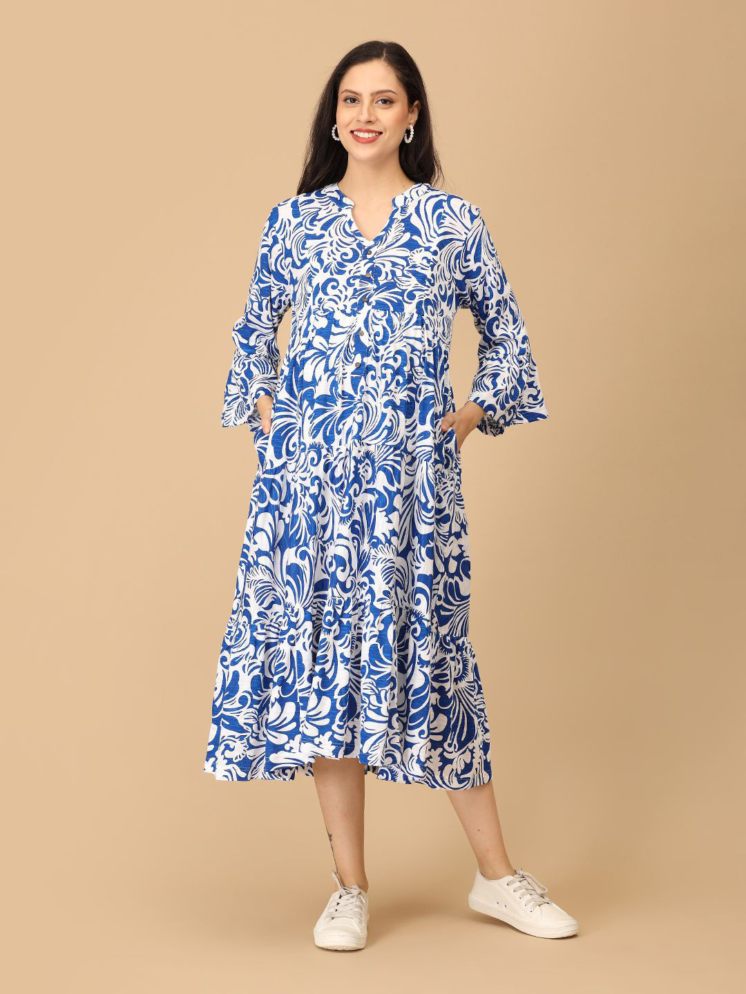The Mom Store Santor-dreamy Women Ethnic Printed Maternity Cotton Fit & Flare Midi Dress