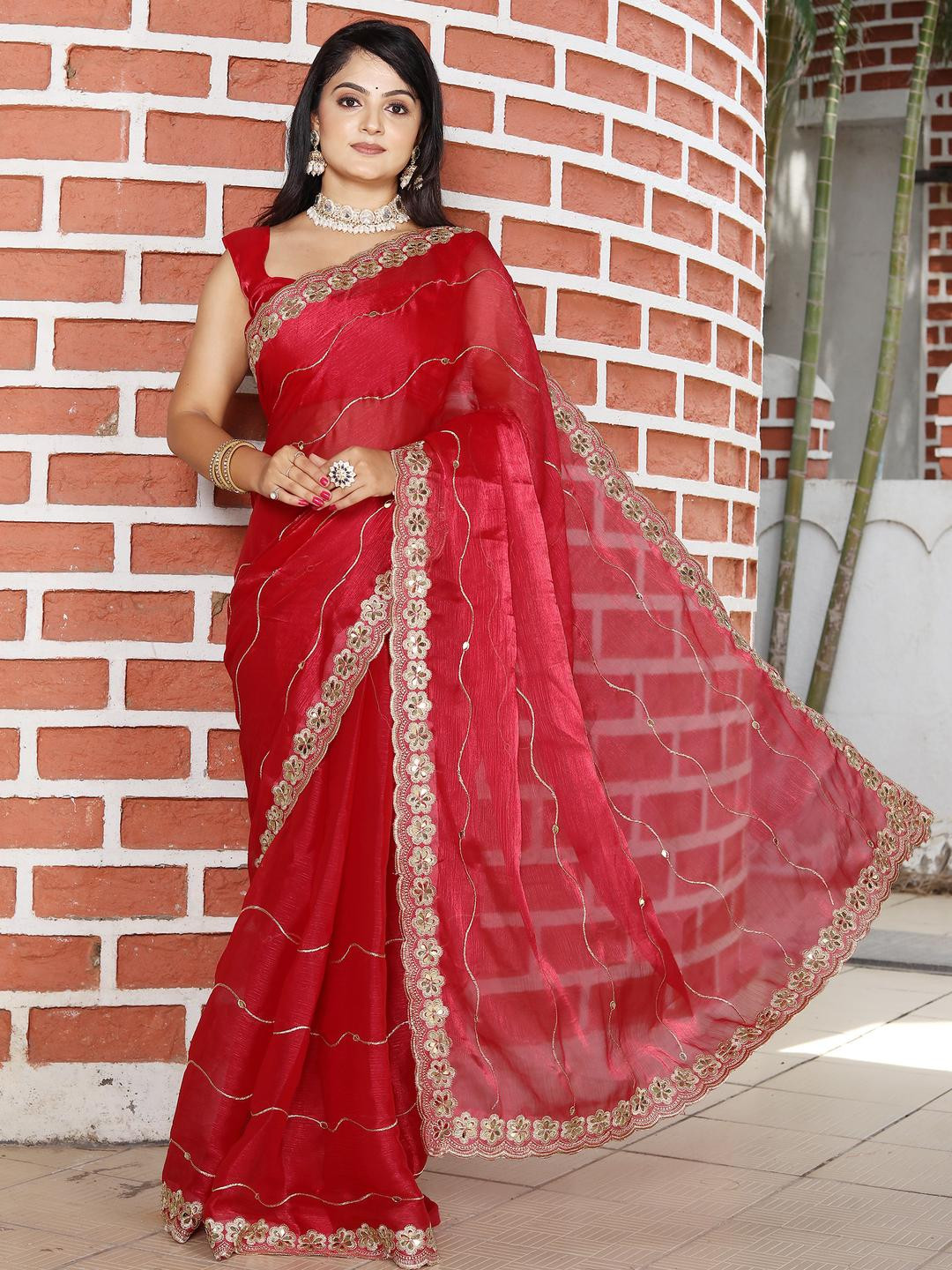 Anouk Red Tissue Embellished Sarees