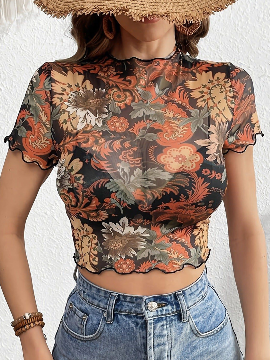 Outzidr Women Floral Print Semi Sheer Crop Top