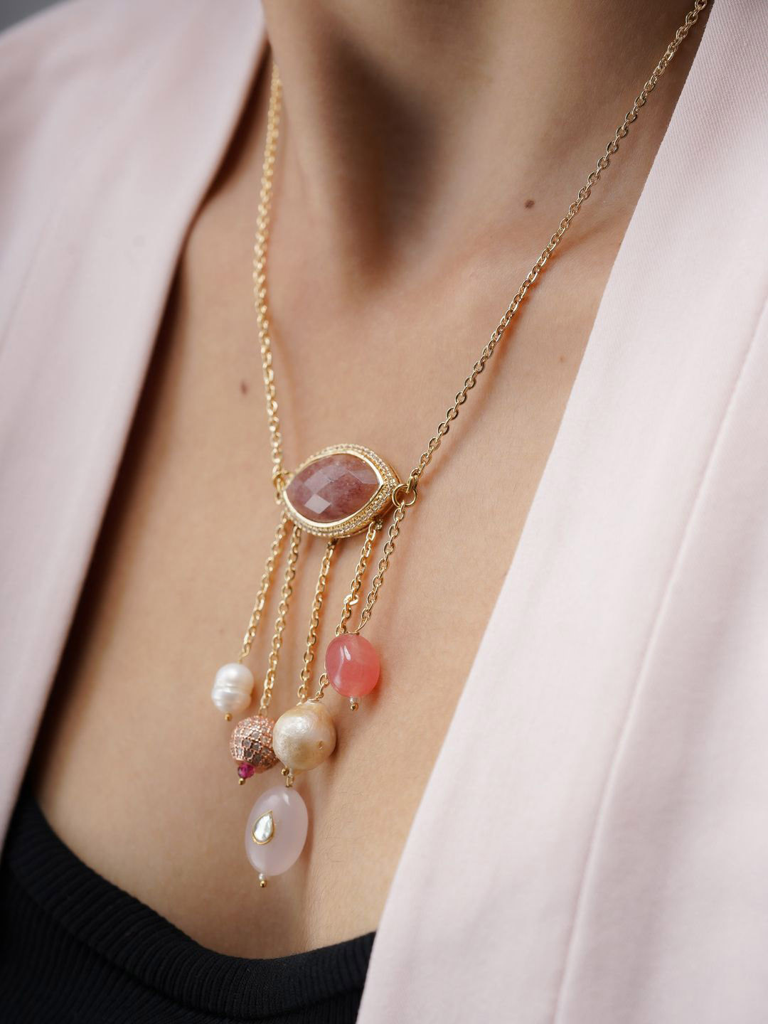 AARSEE OFFICIAL Anti-Tarnish 22KT Gold-Plated Rose Quartz Necklace