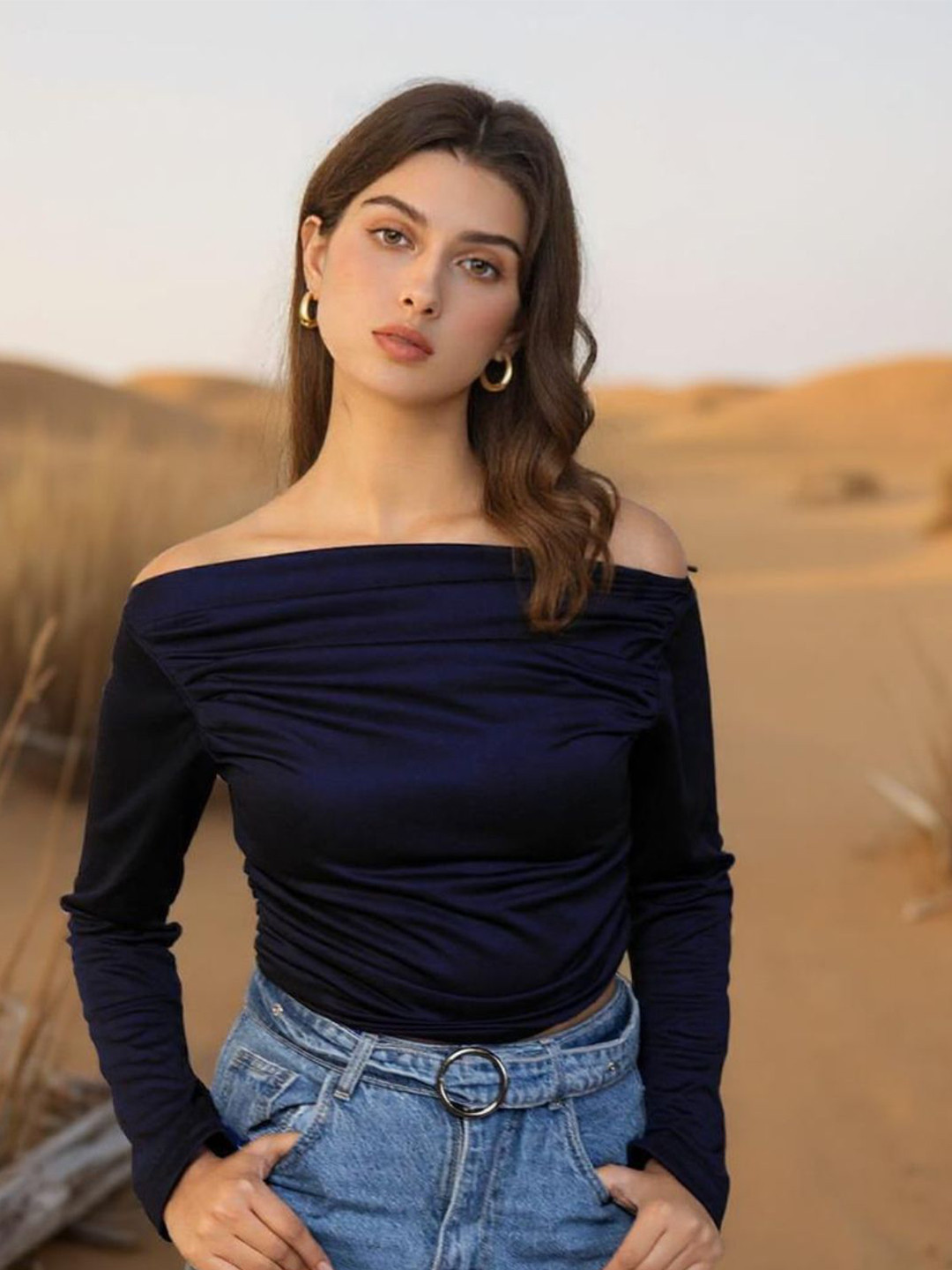 Womenster Women Off-Shoulder Long Sleeves Pleated Bardot Crop Top
