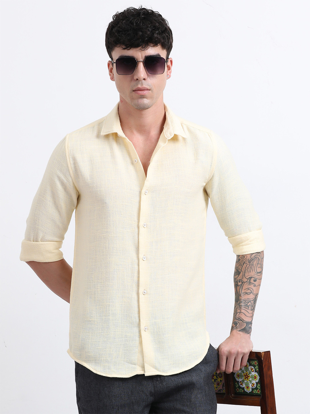 NEVER NEUD Men Regular Slim Fit Bars Linen Casual Shirt