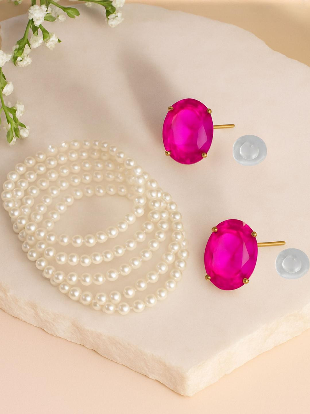 Anouk Women Pack Of 2 White Pearls Bracelet With Pink & Gold-Plated Crystal Stud Earrings