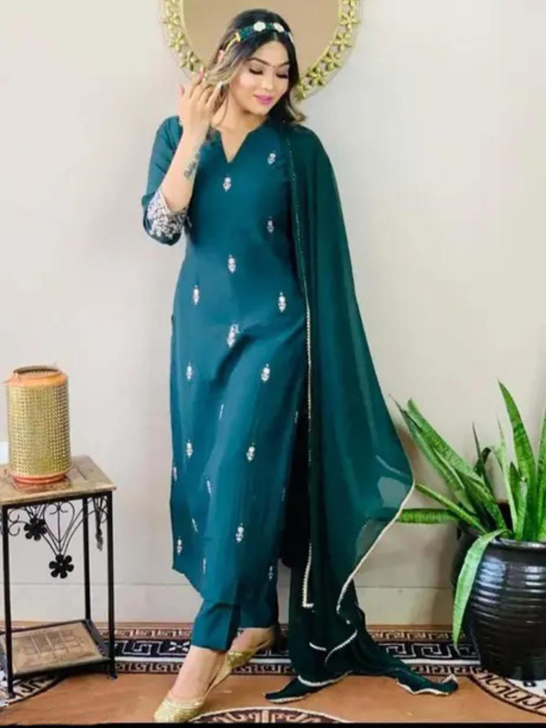 ANJANA NX Women Teal Viscose Rayon Embroidered Kurta Sets