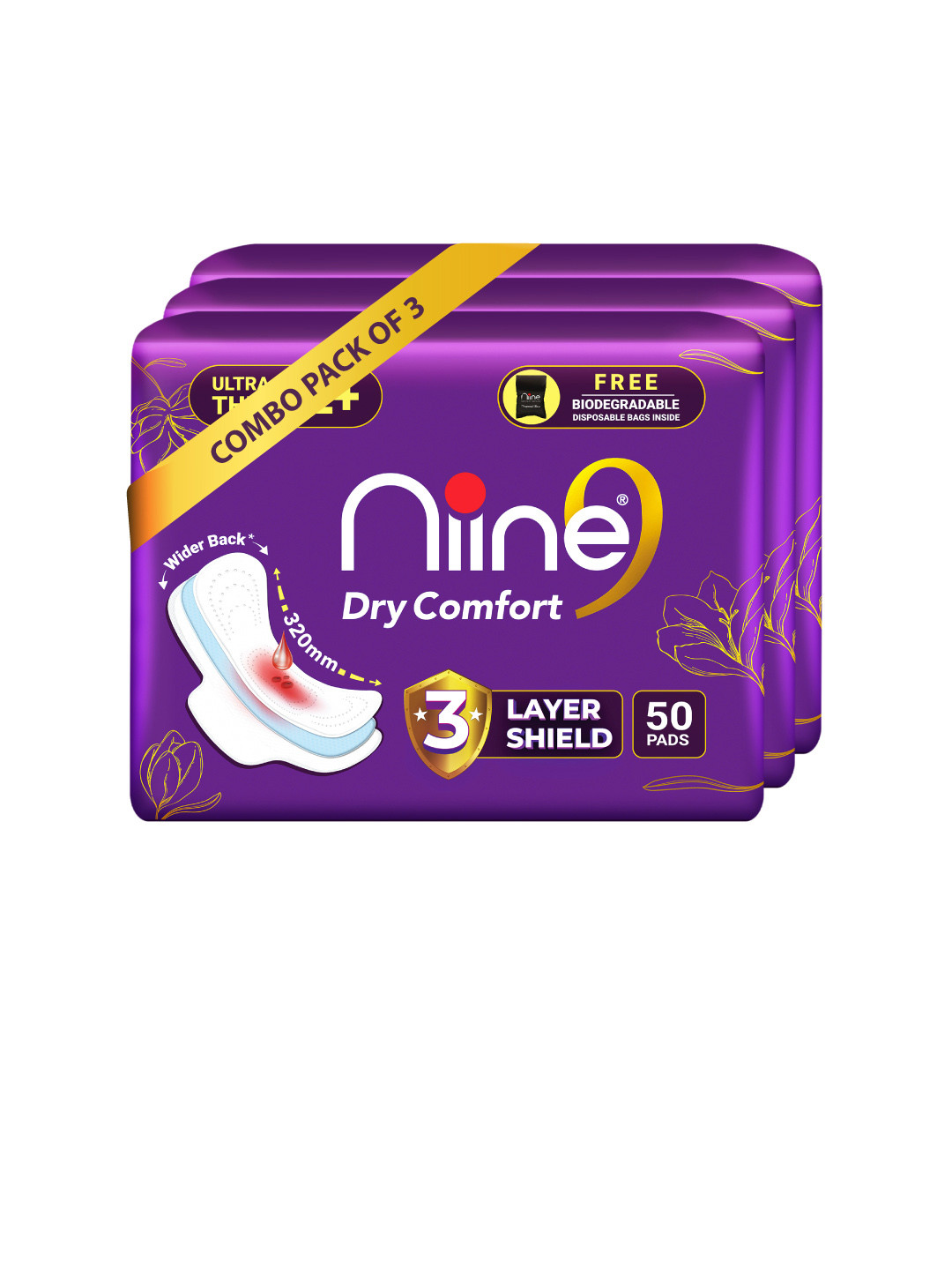Niine Set of 3 XL Dry Comfort Ultra Thin 320mm Sanitary Pads With Disposable Bag 150 Pads