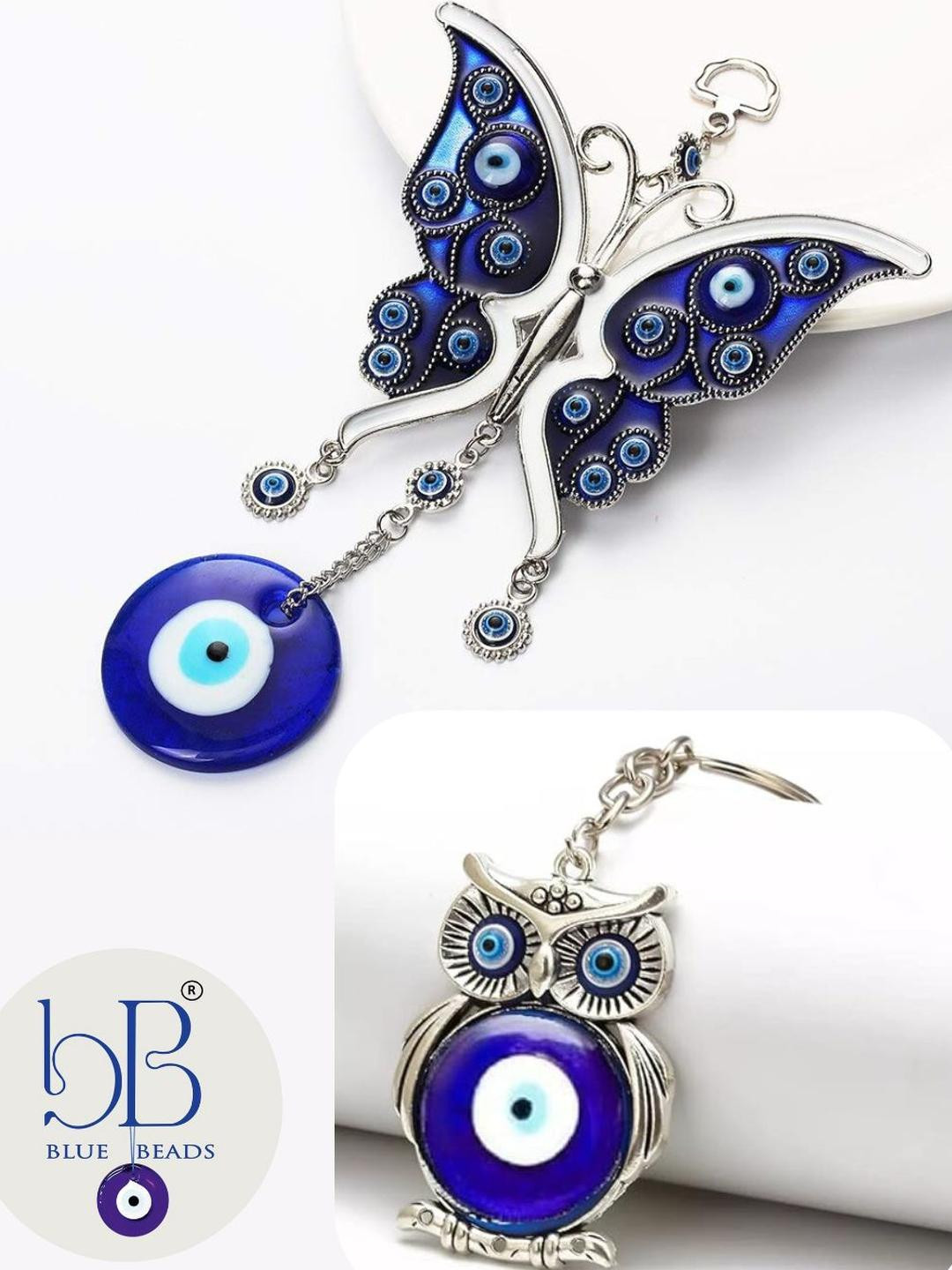 BLUE BEADS Blue Set of 2 Owl & Evil Eye Butterfly Keychain