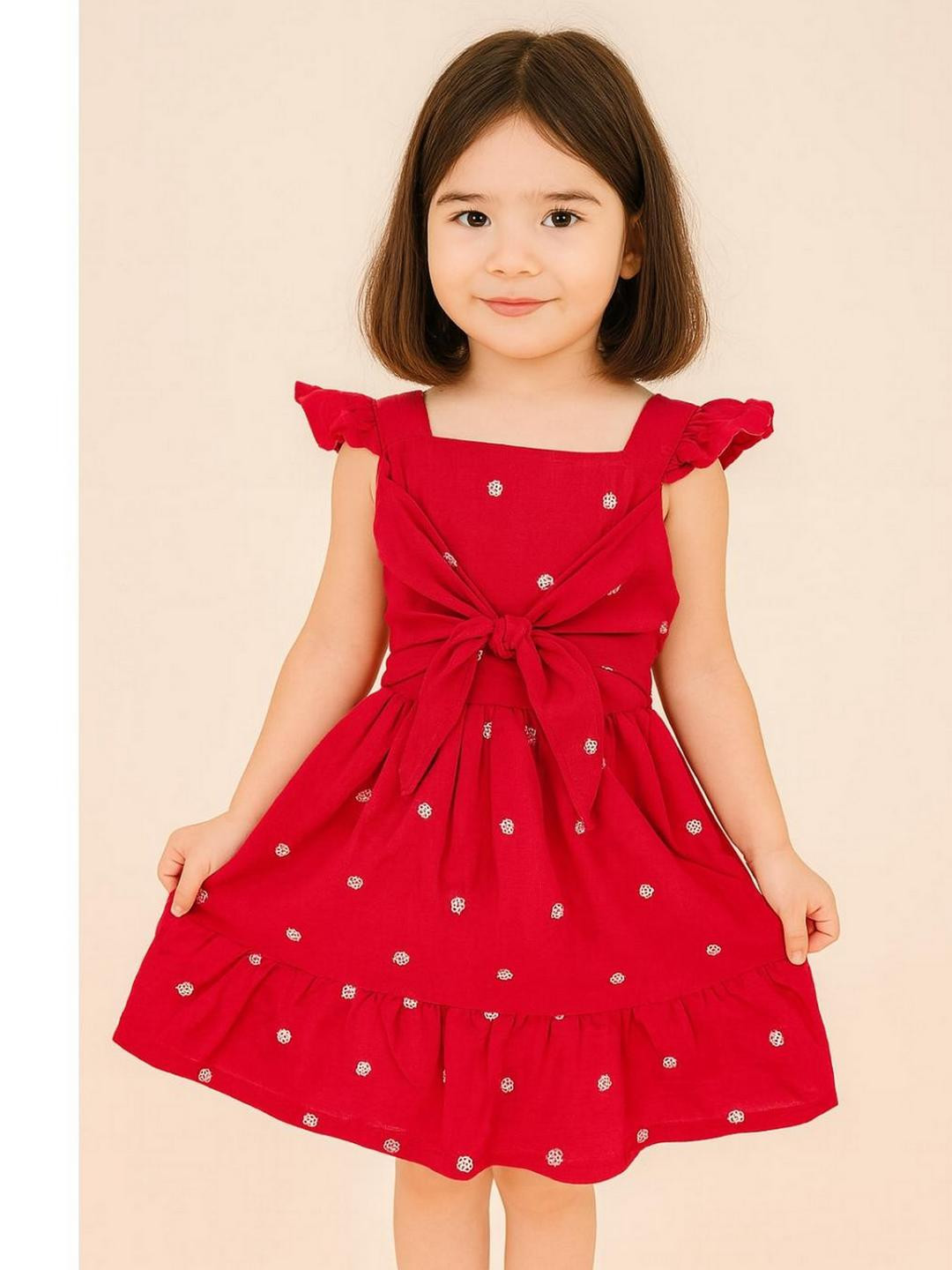 Sangria Girls Cotton Blend White Embroidery Frock With Front Tieing Bow