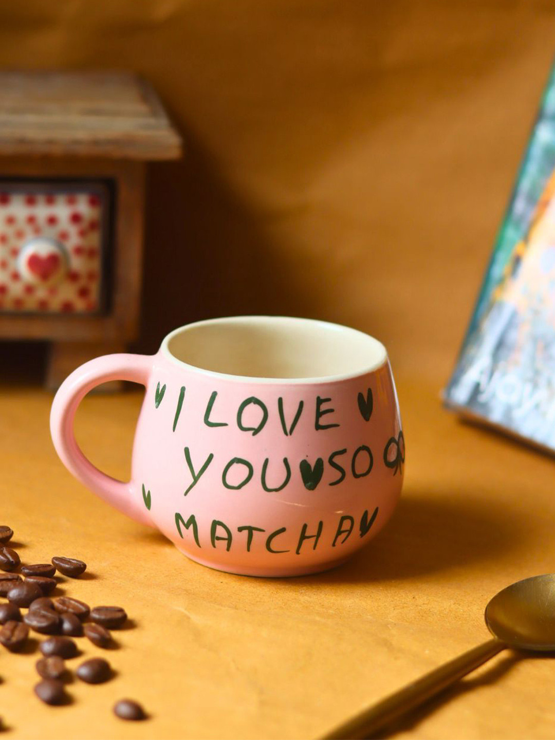 WEAVING HOMES Matcha Pink & Black Printed Ceramic Glossy Mugs