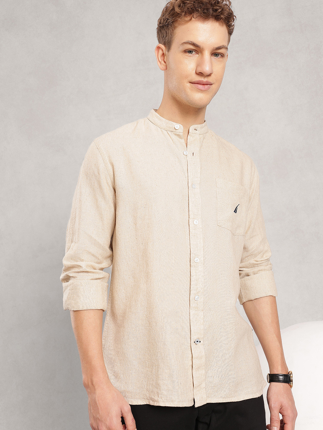 Nautica Cotton-Linen Slim Fit Band Collar Casual Shirt