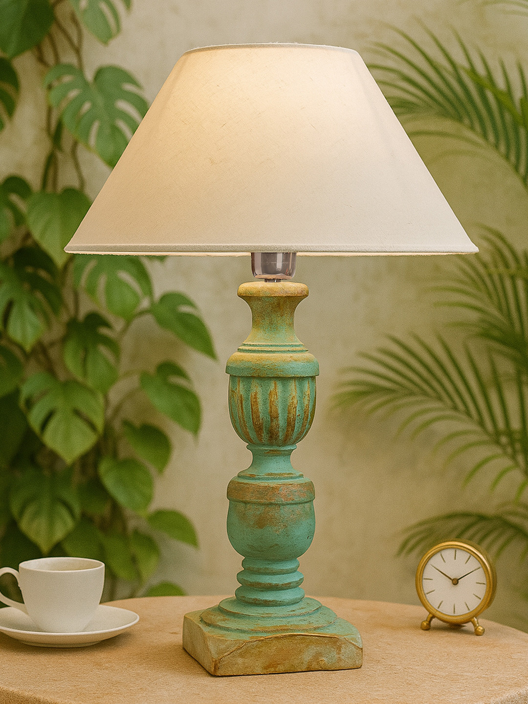 Homesake Blue & Beige Solid French Trophy Handcrafted Table Lamp with Shade