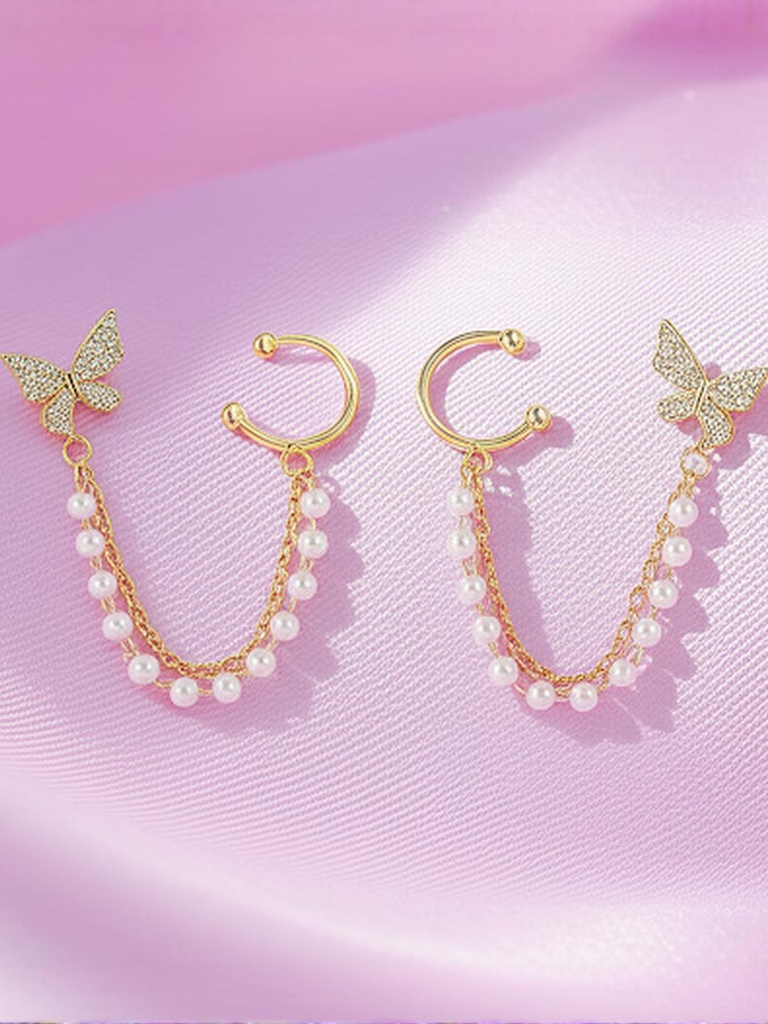 TheVineGirl Korean Pearls Chain Ear Cuff Butterfly Stud Earrings