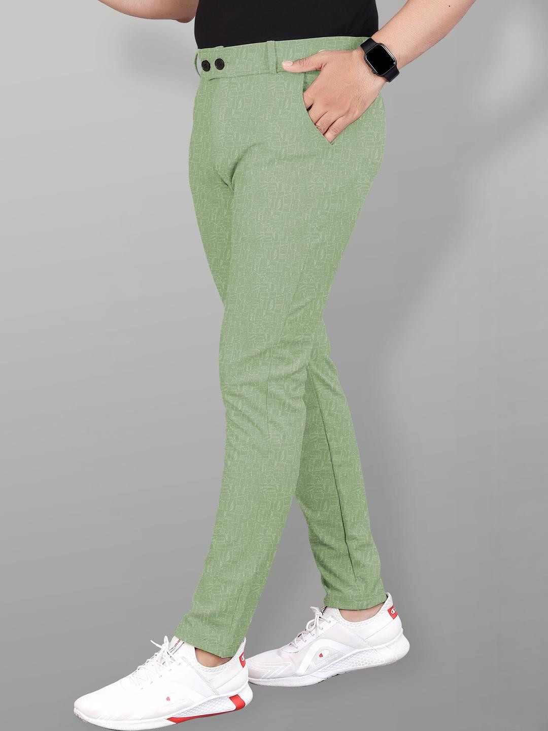 COMBRAIDED Men Pista Green Solid Flat Front Polyester Trousers
