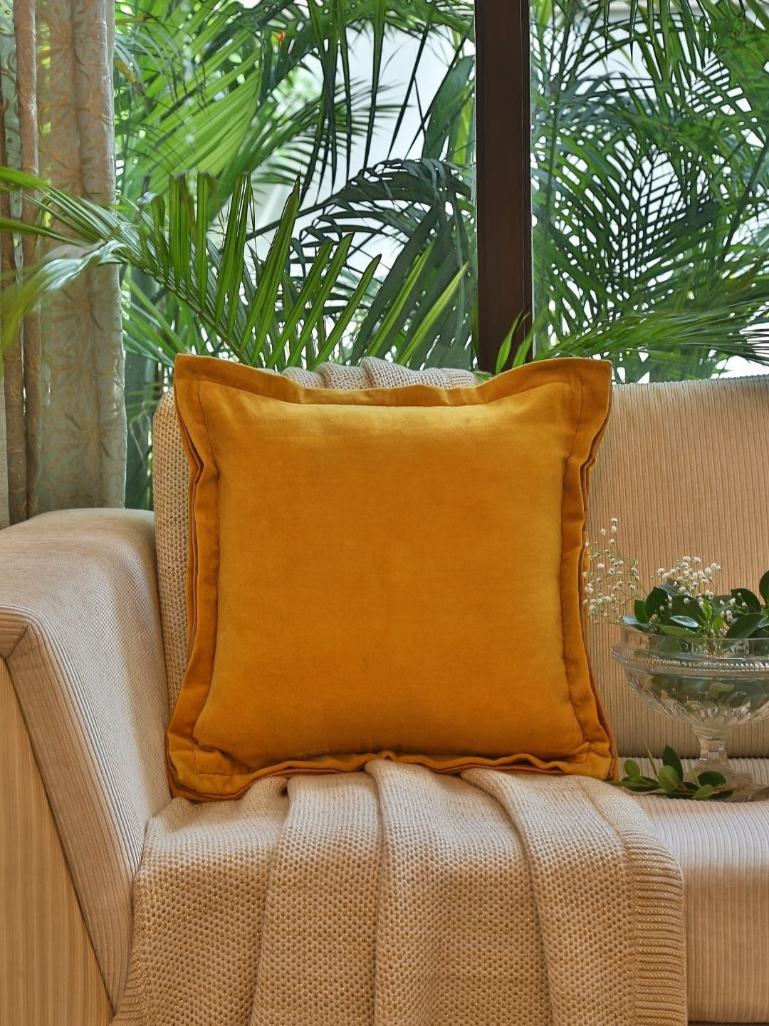 Revive Home Yellow Cotton Velvet Square Cushion Cover