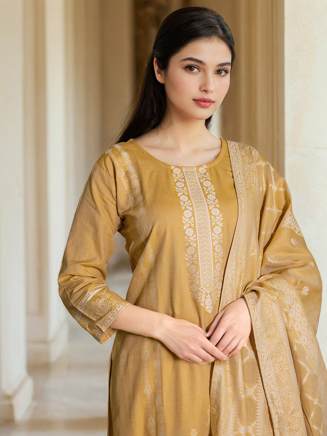 Skylee Pop Floral Woven Design Straight Kurta With Trousers & Dupatta