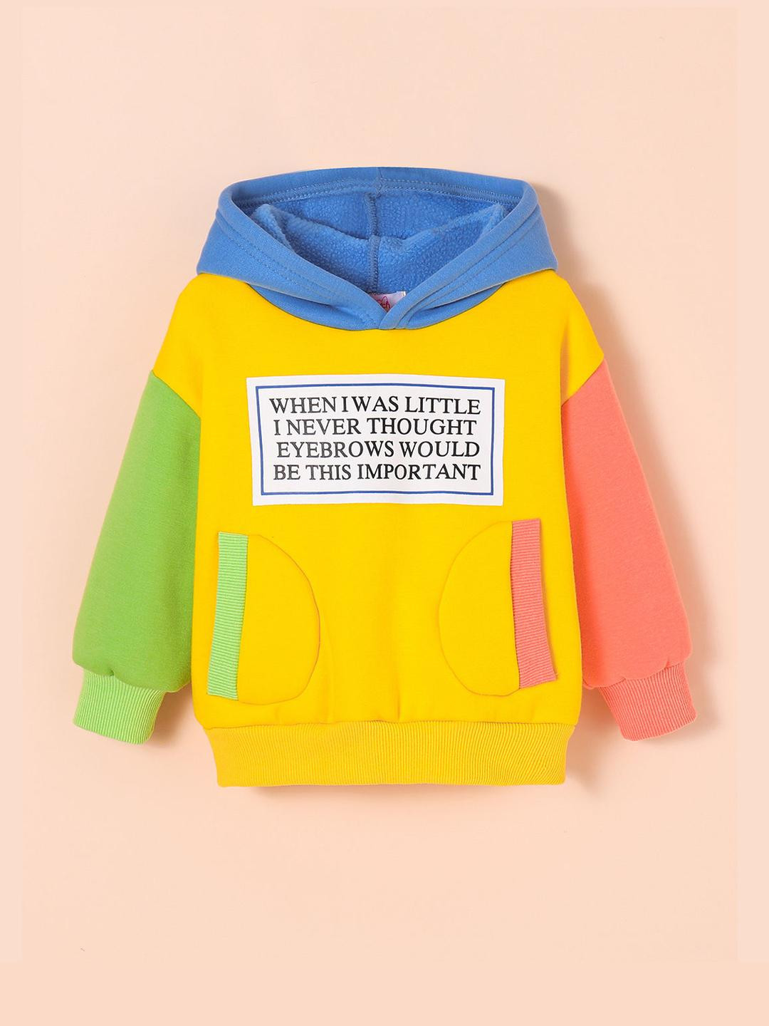 Hopscotch Boys Yellow Text Printed Full-Sleeve Hooded Sweatshirt