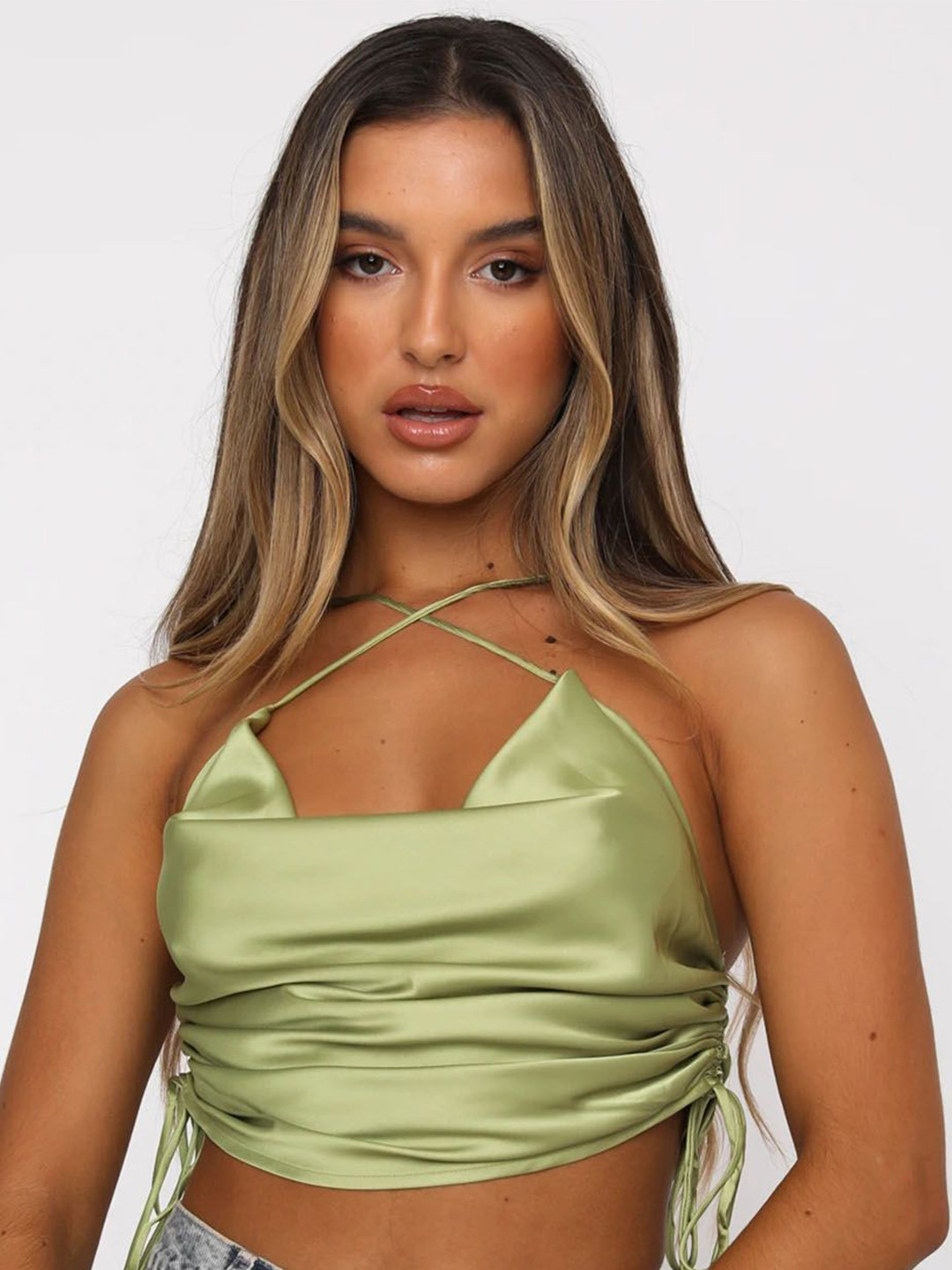 LULU & SKY Women Cowl Neck Tie-Ups Satin Bralette Top