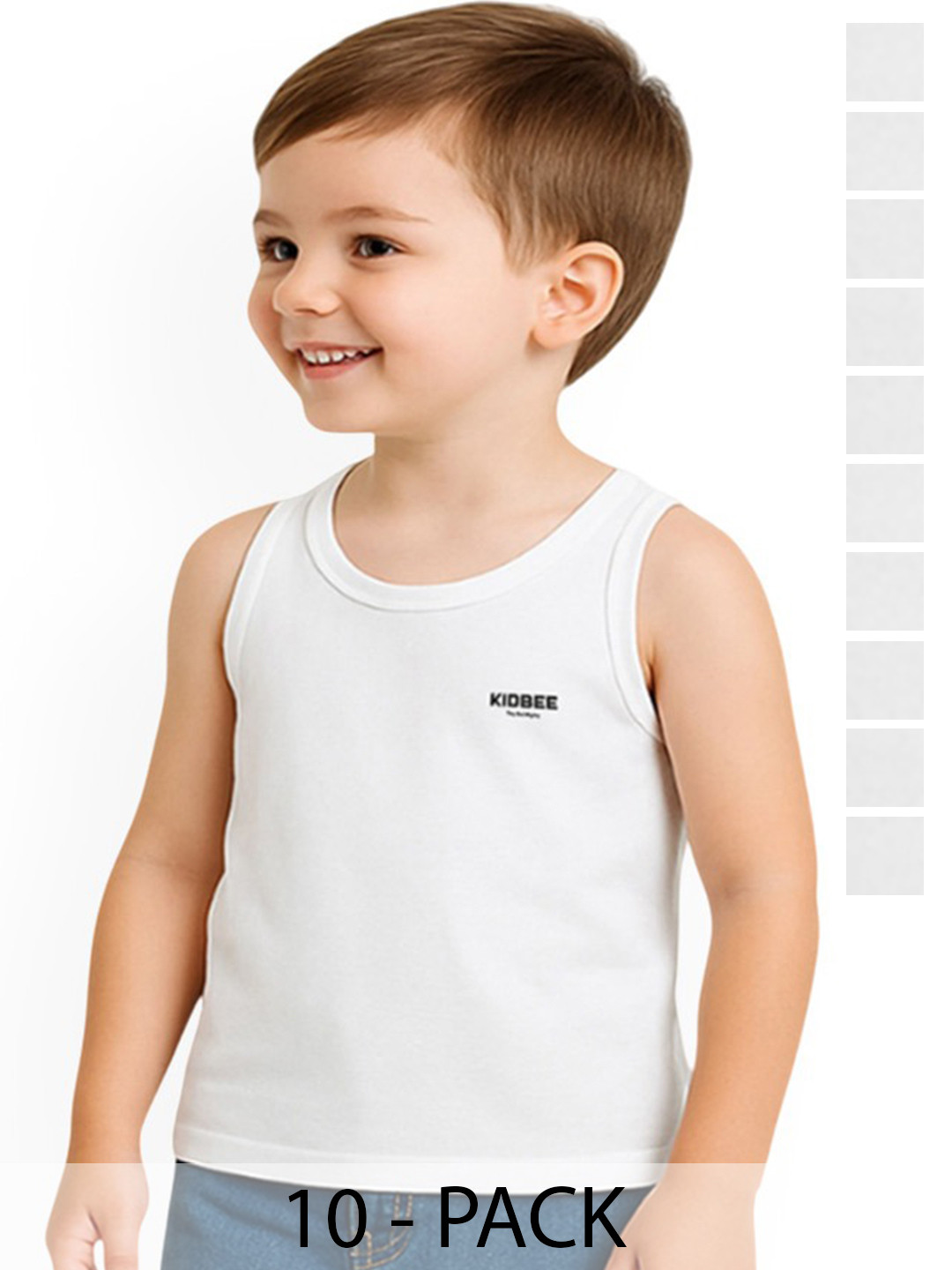 KidBee Boys Pack Of 10 Cotton Sleeveless Basic Vests 1006-VST-445-10PC-VST-445-White-10PC