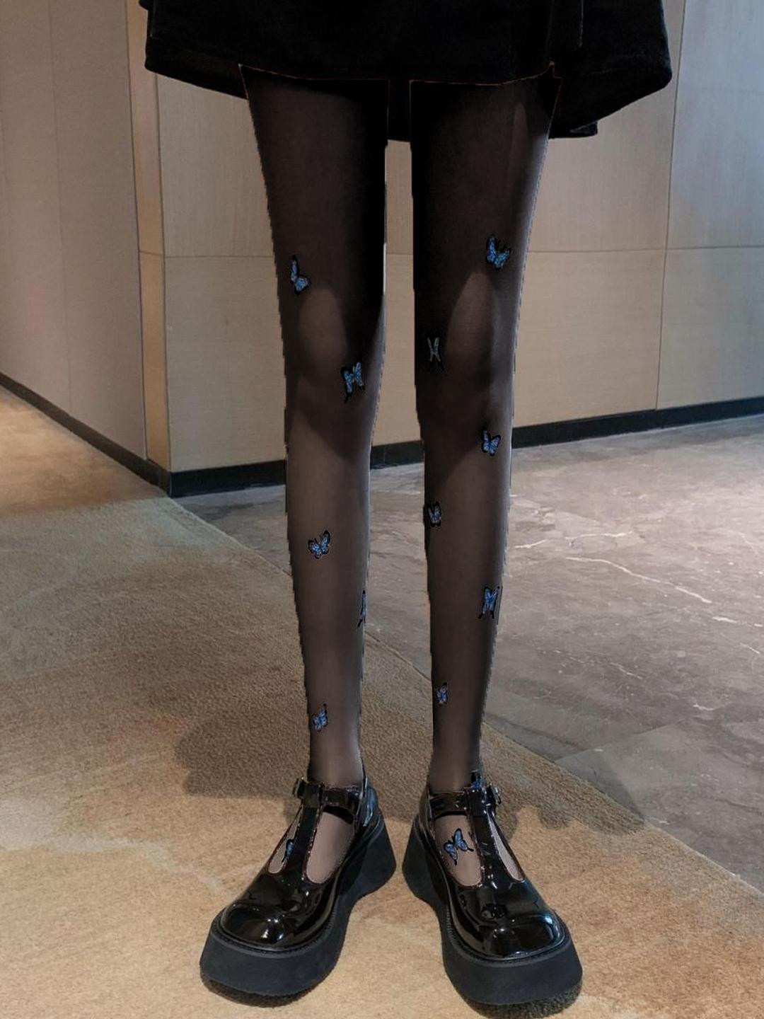 VAGHBHATT Women Sheer Black Stockings with Blue Butterfly