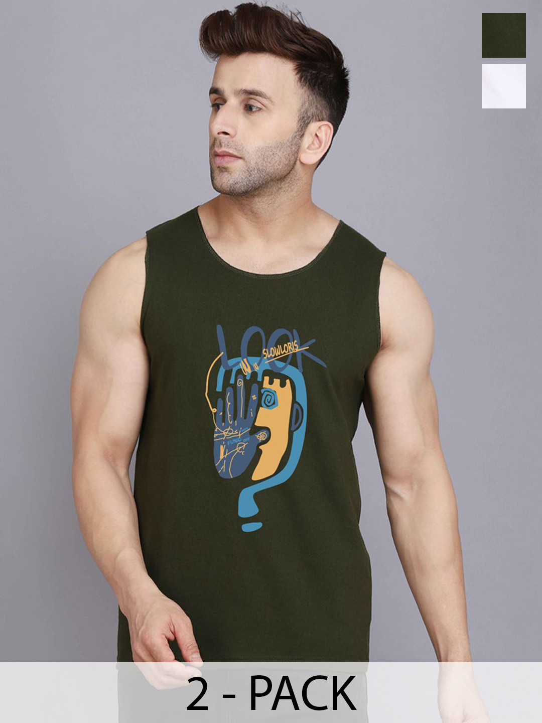SLOWLORIS Men Pack of 2 Printed Gym Vests VSL26 CMB(LOOK OLIVE)(LOUD WHITE)