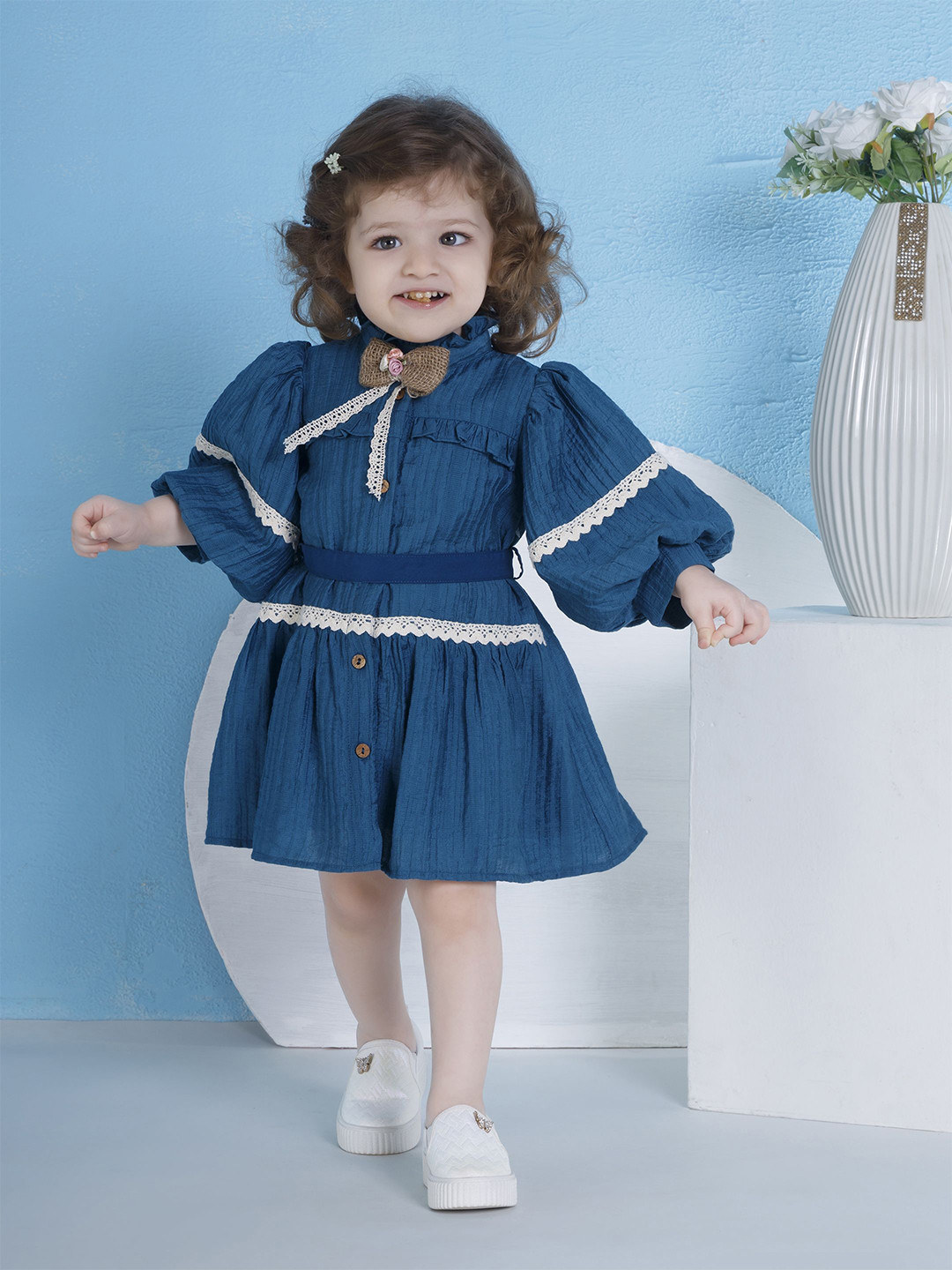 Peppermint Girls High Neck Puff Sleeve Shirt Dress