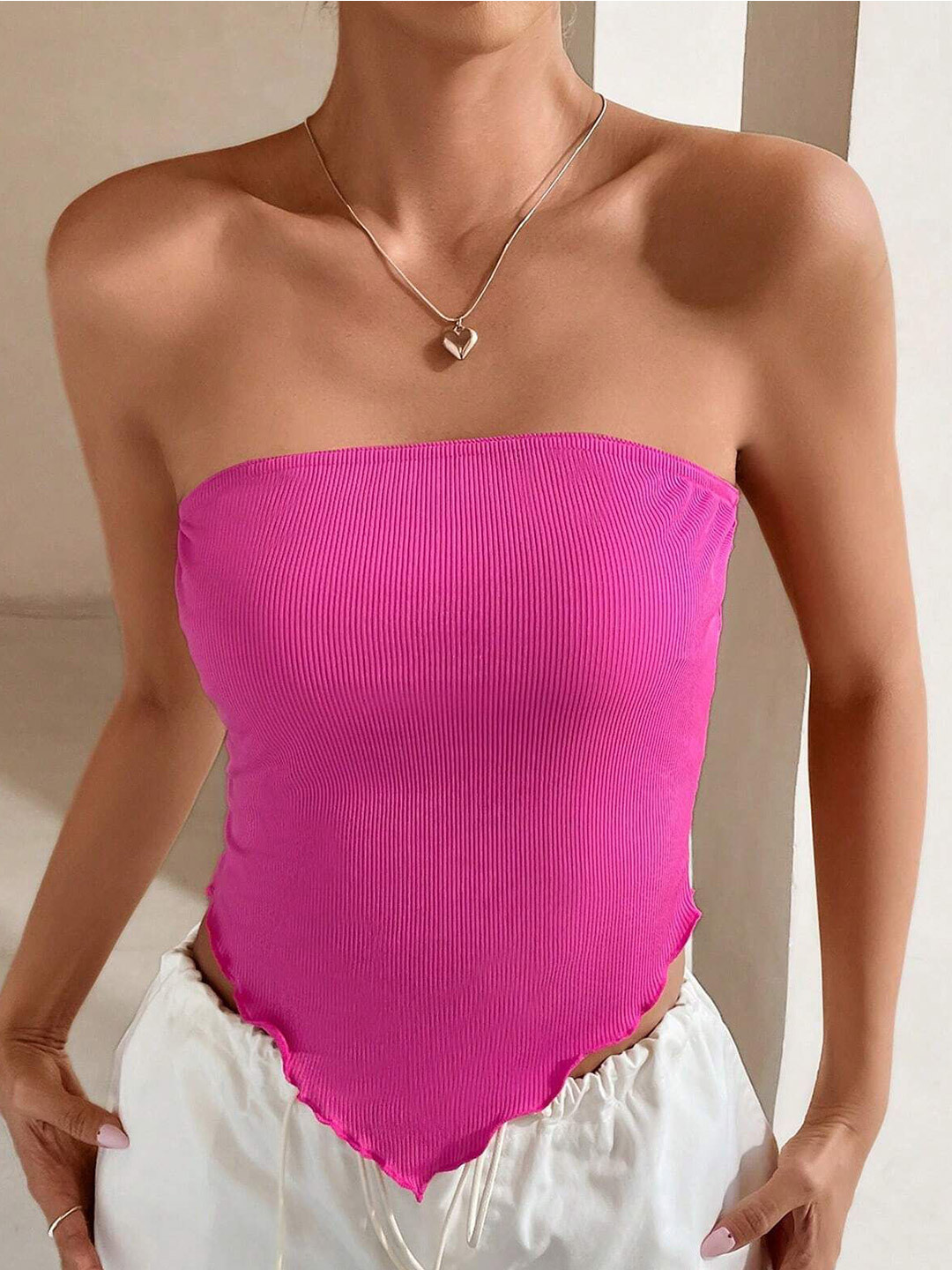 Outzidr Women Self Design Strapless Tube V Hem Top