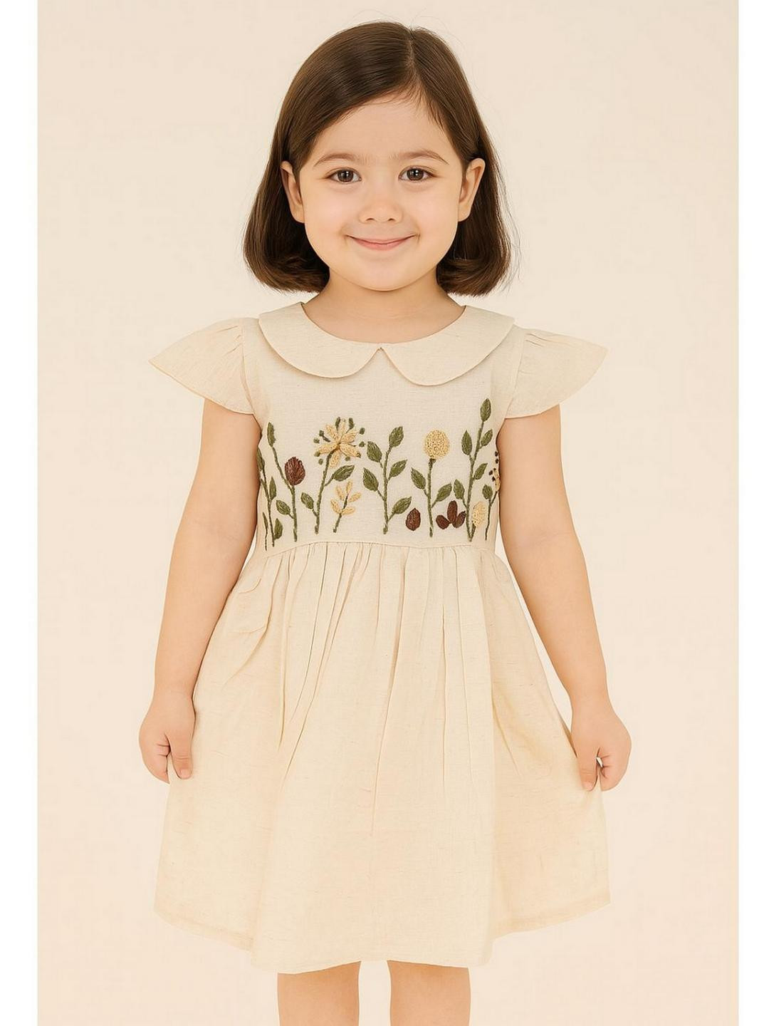 Sangria Girls Hand Embroidered Cap sleeves Peter Pan Collar Fit And Flare Cotton Dress