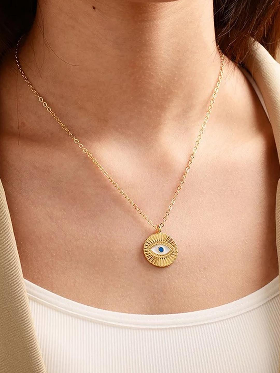 DressBerry Gold-Plated Blue Evil Eye Round Pendant Necklace