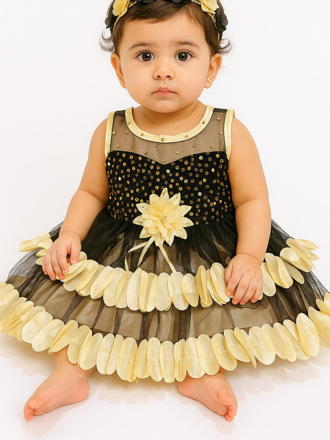 STUMBLE FASHION Kids Gold & Black Embellished Fit and Flare Dress
