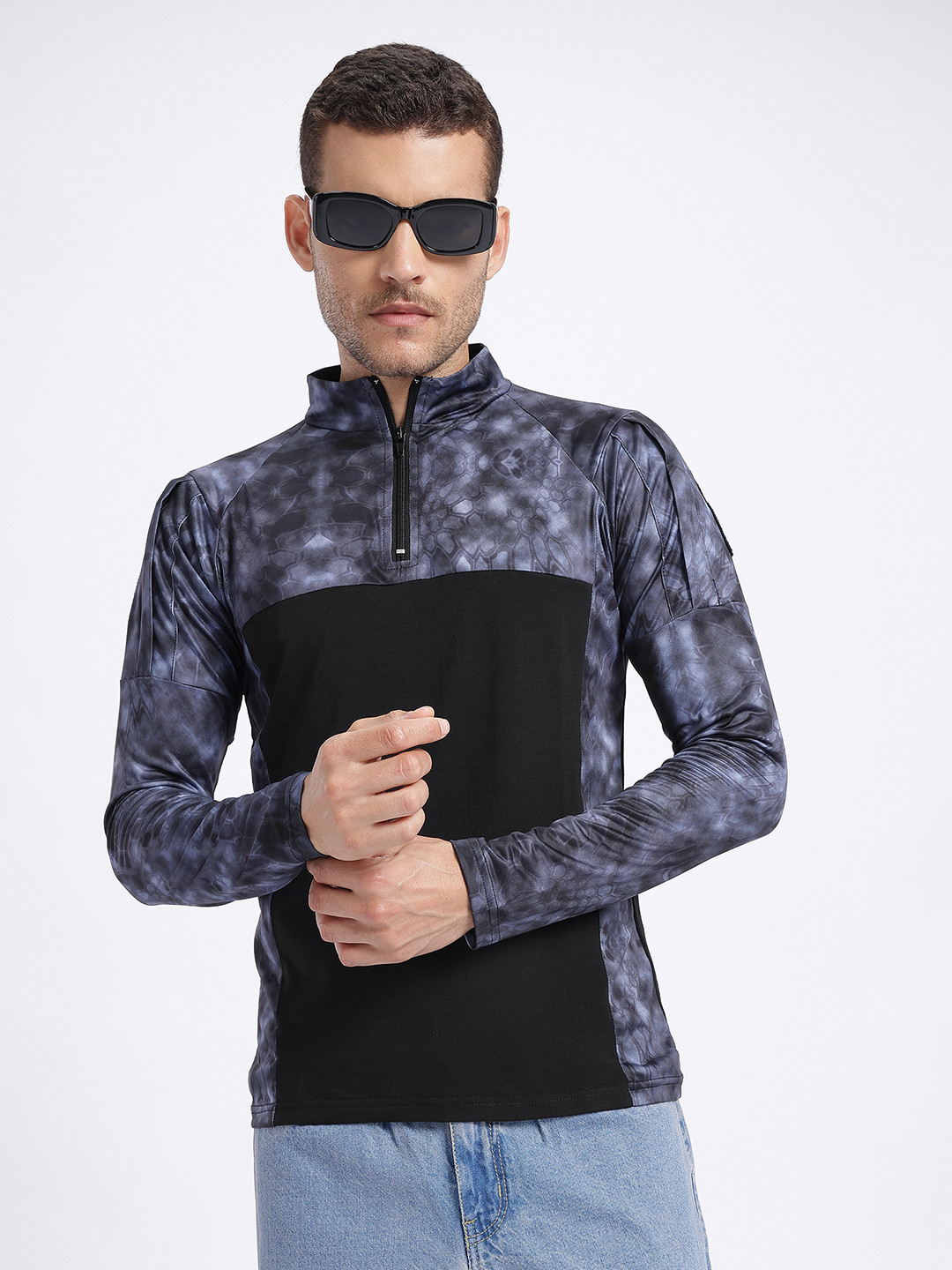 StyleCast x Revolte Snake Skin Printed Colourblocked Detail High Neck Slim Fit T-shirt