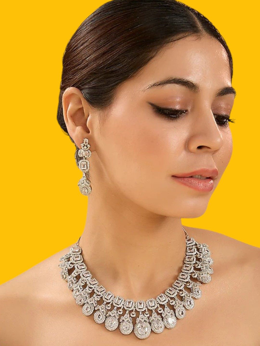 AURAA TRENDS Silver-Plated American Diamonds Stone Studded Bridal Jewellery Set