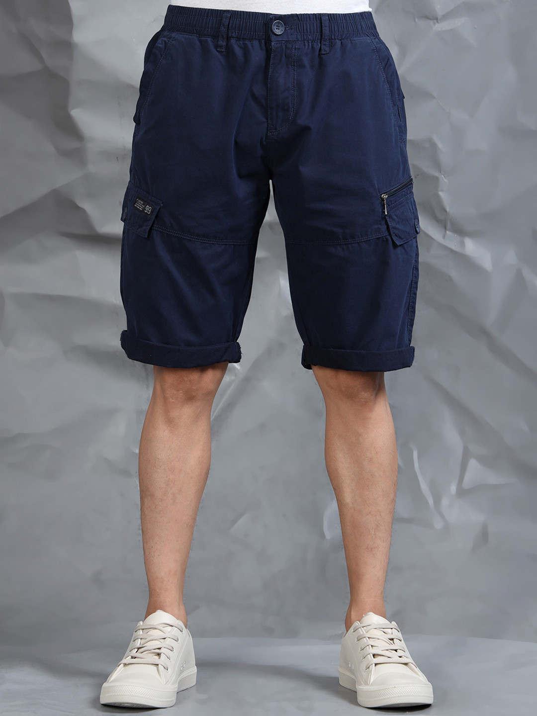 beevee Men Mid Rise Cotton Cargo Shorts with Turned-Up Hem
