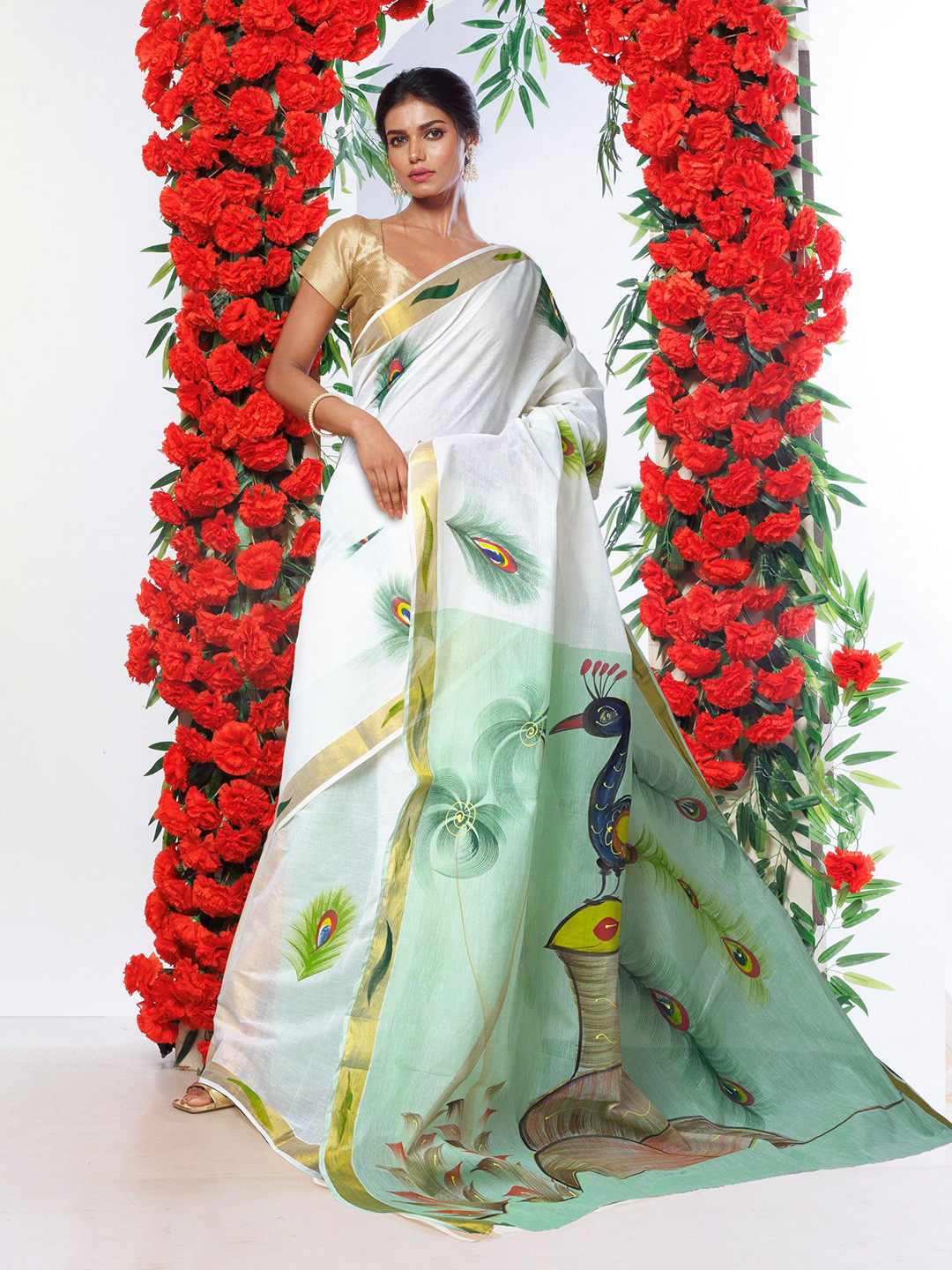 Unnati Silks Patchwork Pure Cotton Handloom Kasavu Saree