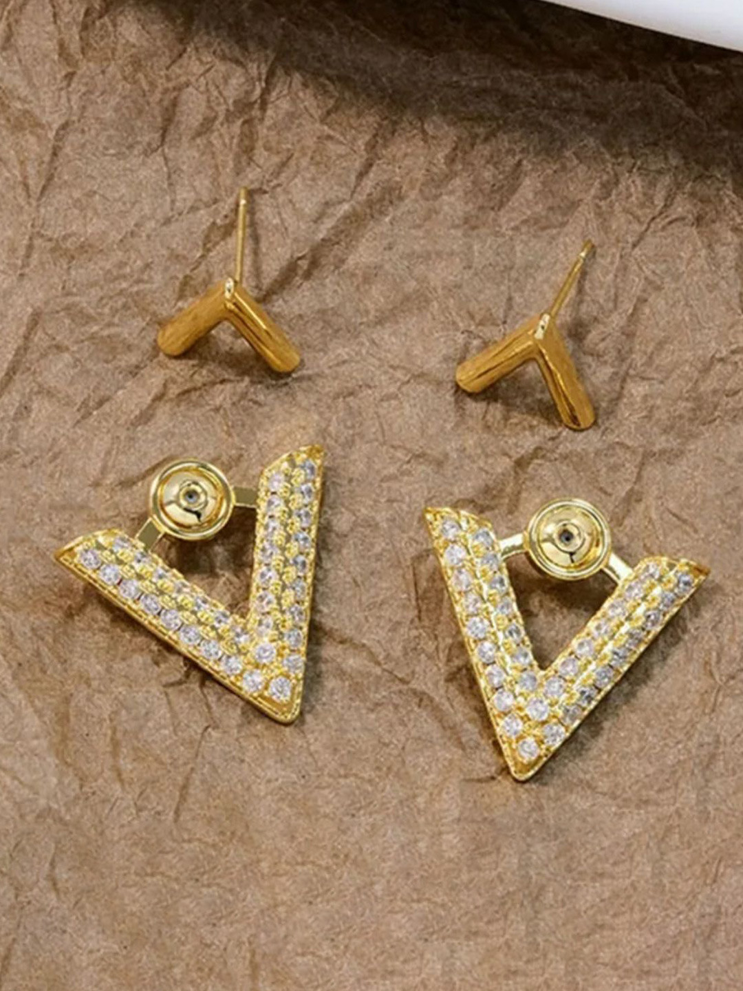 NIVIZEN Gold Plated Cubic Zirconia Studded Triangular Shaped Studs