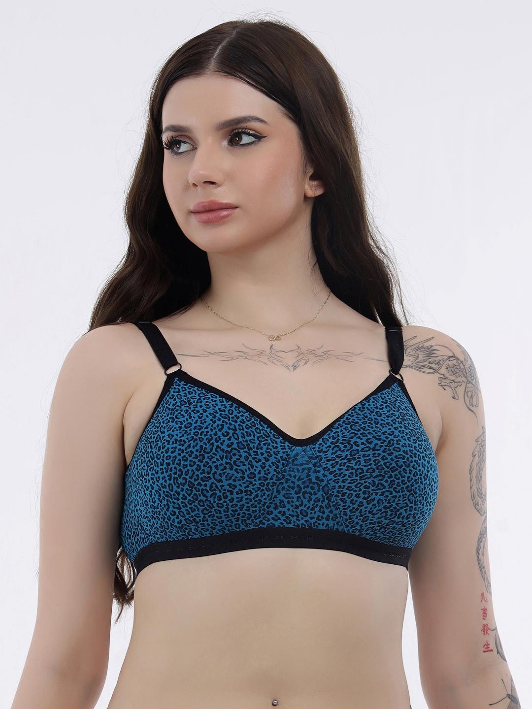 SELFCARE Women Blue & Black Leopard Printed Full Coverage Lightly Padded Lycra Bra