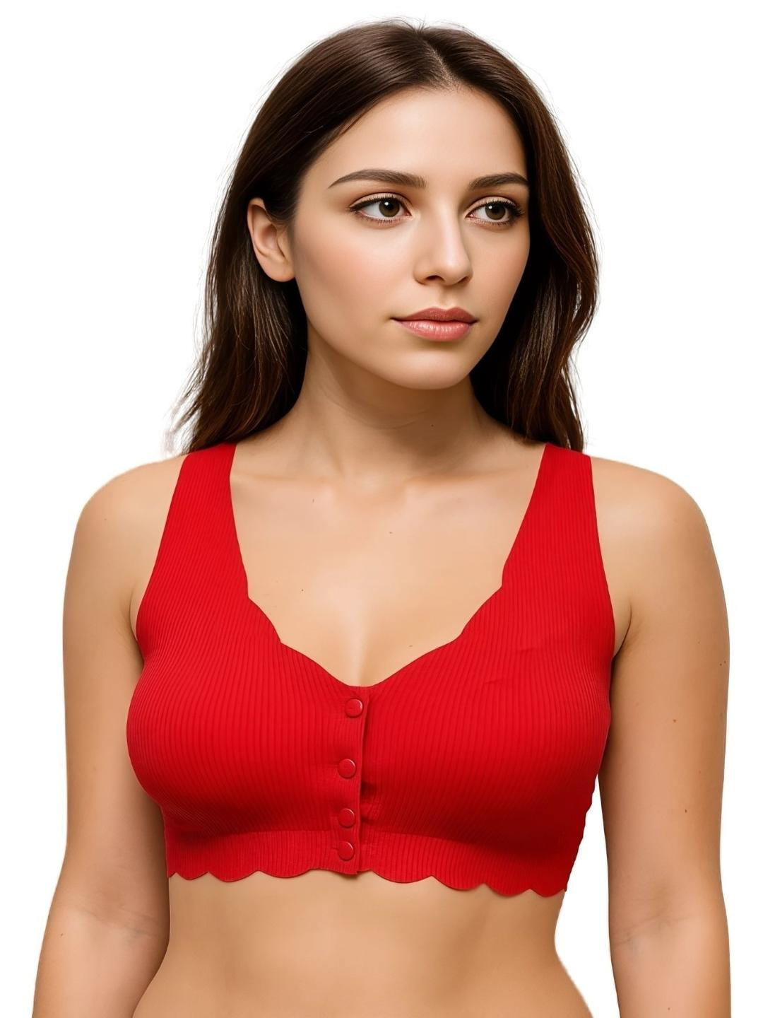 Blush Lado Women Red Scallop Edge Full Coverage Button Front Closure Ribbed Bralette