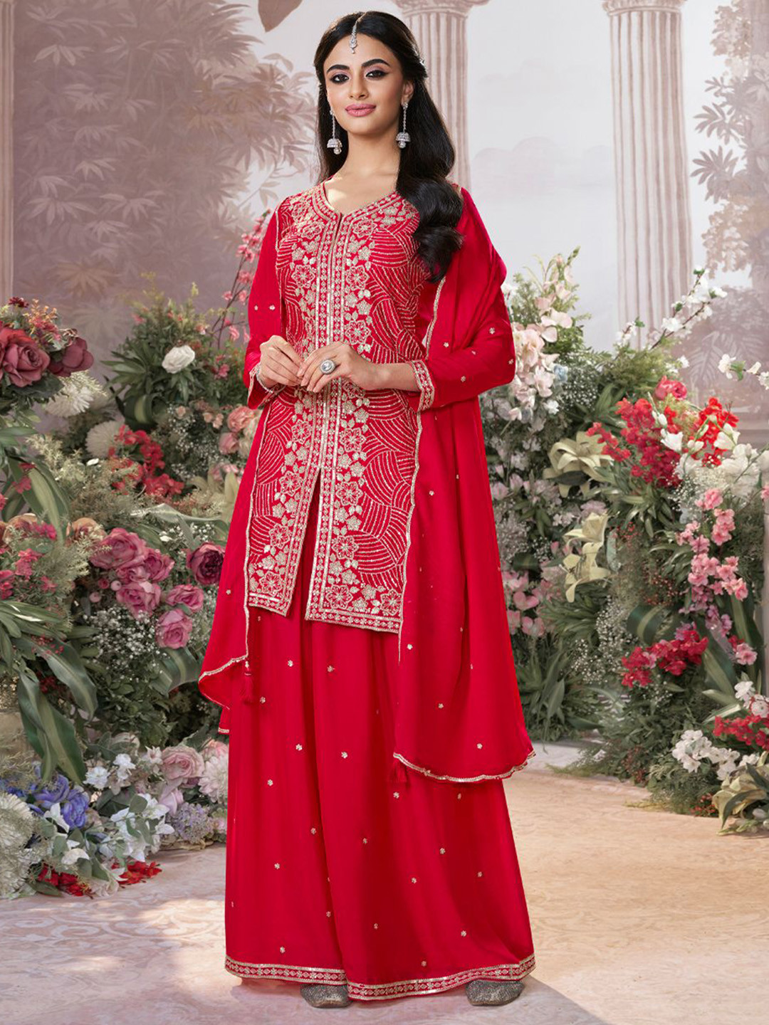 Seerat Ethnic Motifs Embroidered Silk Chiffon Straight Kurti With Sharara & Dupatta
