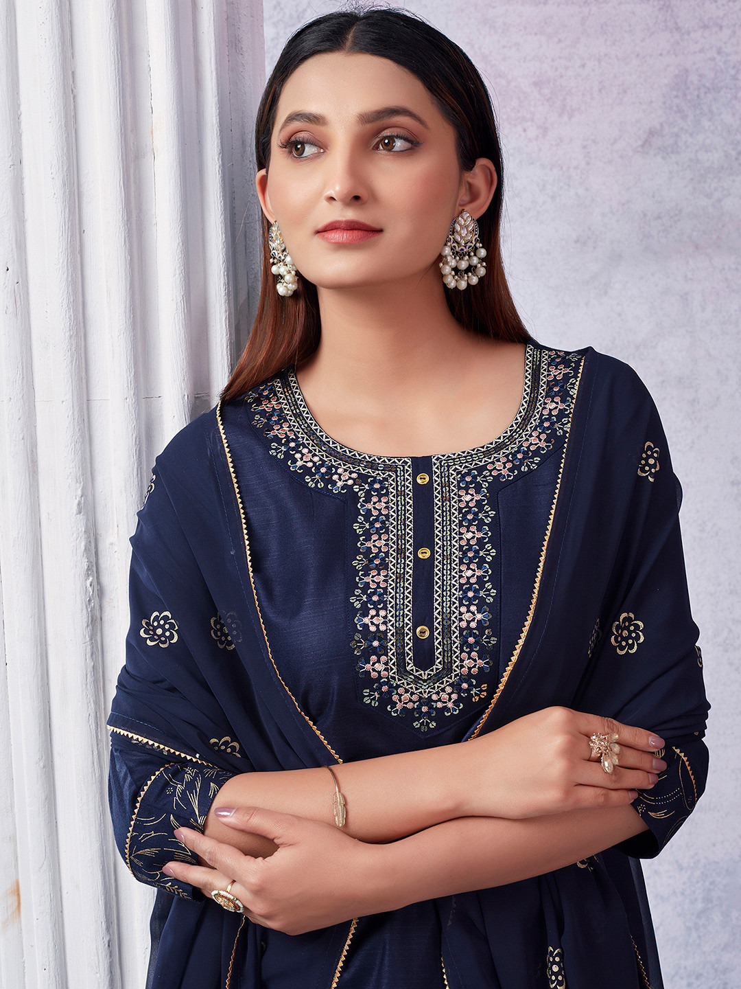 Skylee Pop Yoke Design Embroidered Sequinned Straight Kurta With Trousers & Dupatta