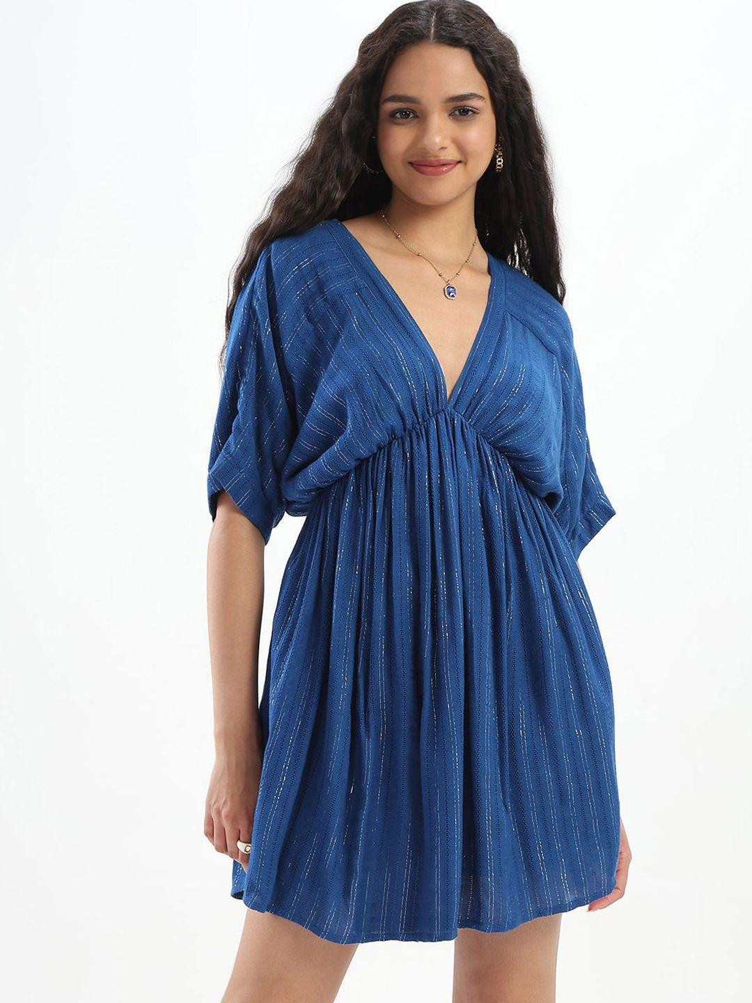 HERE&NOW Blue & Silver Striped Long Plunge Neck Gathered Viscose Rayon Empire Dress