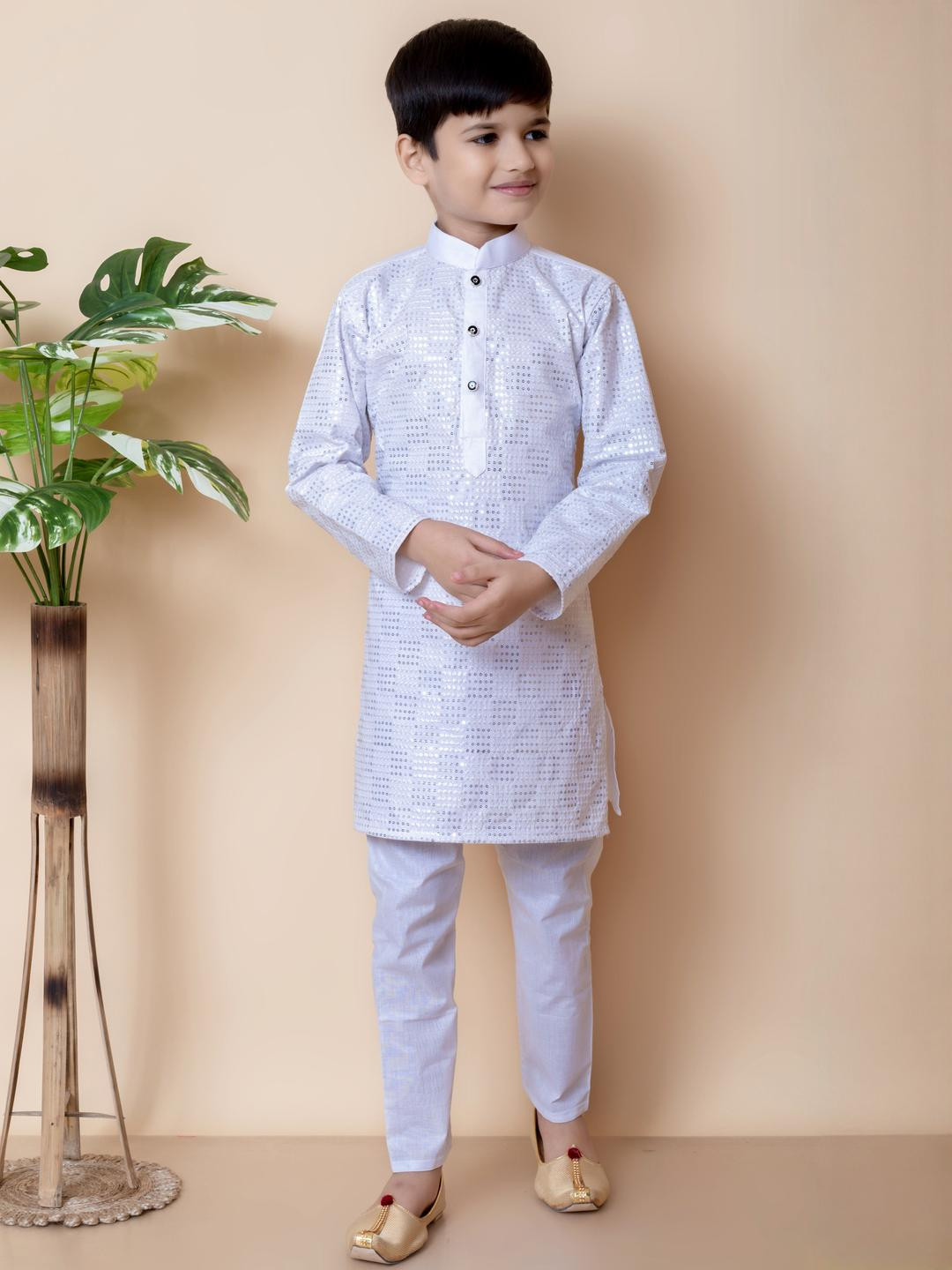 TAKE STYLE Boys White Cotton Blend Embroidered Kurta Sets