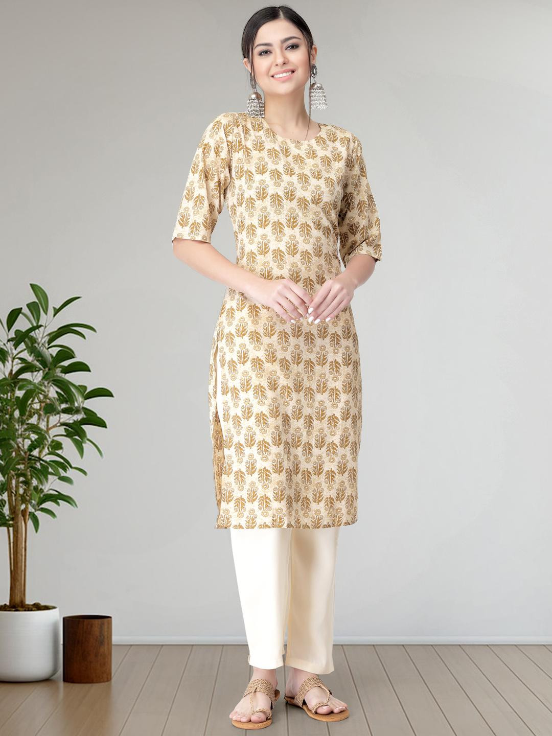 SZN Women Gold Poly Crepe Kurta Sets