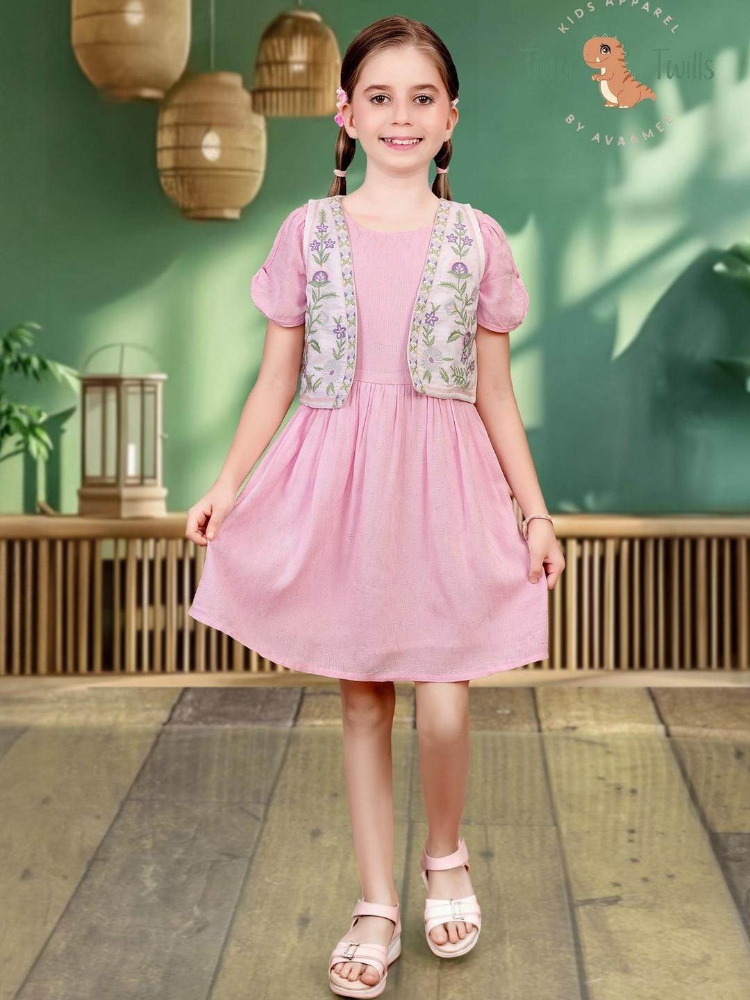 Sangria Girls Pink Solid A Line Frock with an Embroidered Jacket