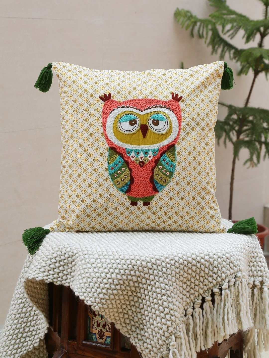 Revive Home Off White & Orange Owl Design Embroidered Cotton Cushion Covers