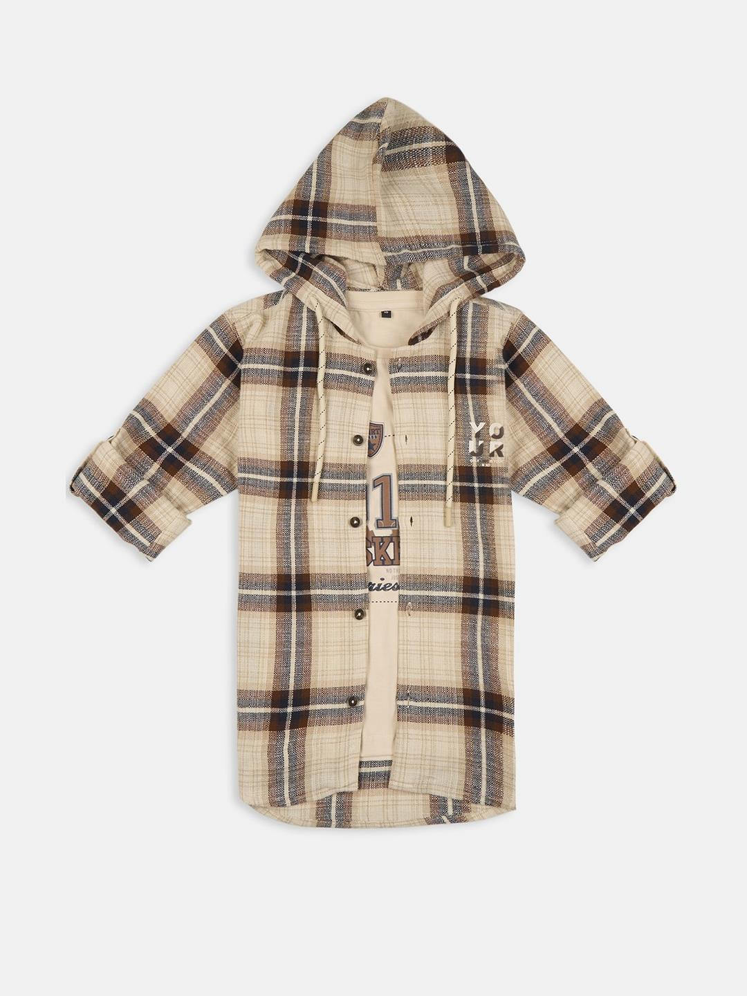 CAVIO Boys Khaki Cotton Checked Comfort Casual Shirts