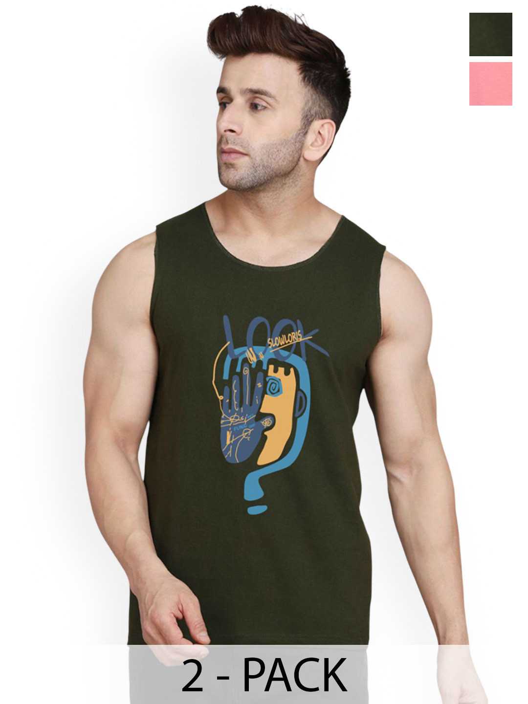 SLOWLORIS Men Pack Of 2 Printed Gym Vests VSL26 CMB(LOOK OLIVE)(KEEP PEACH)