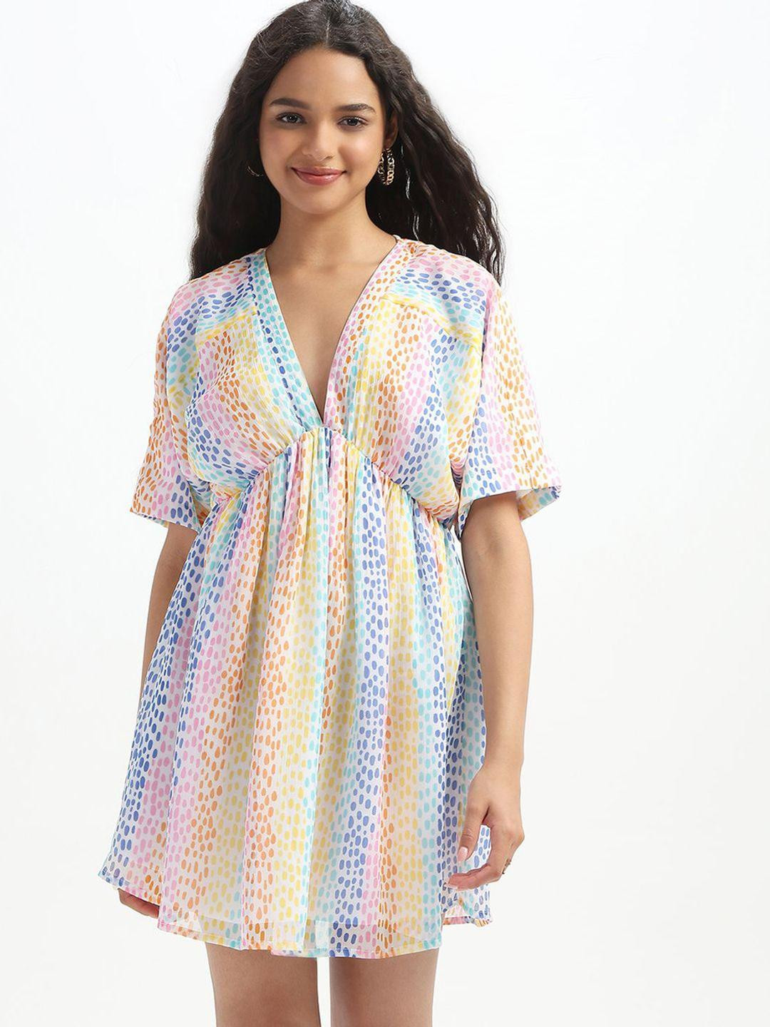 HERE&NOW Women Multicolor Dot Print V-Neck Empire Mini Dress