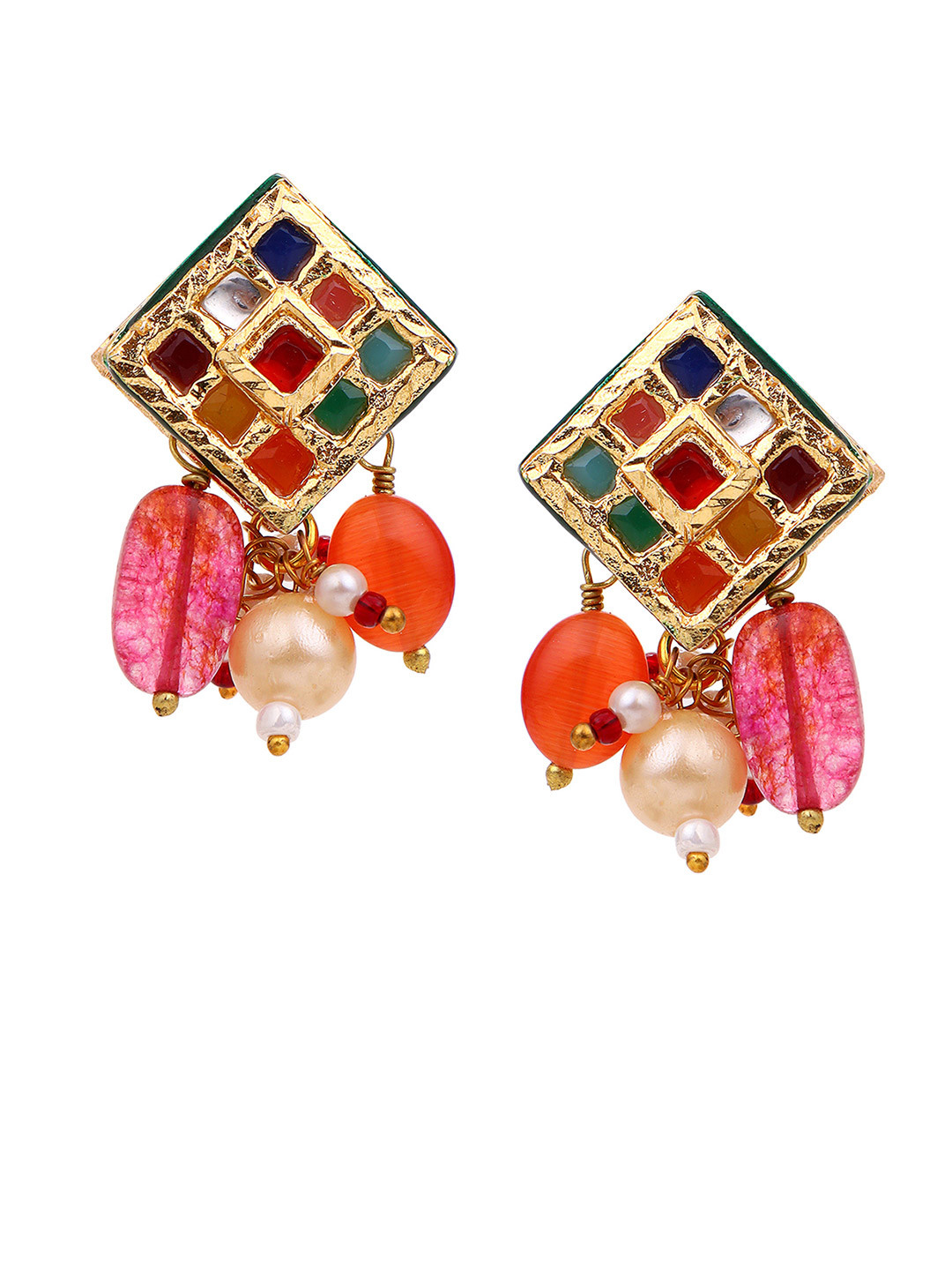 AARSEE OFFICIAL Gold-Plated Stones Studded & Pearls Geometric Shaped Drop Earrings