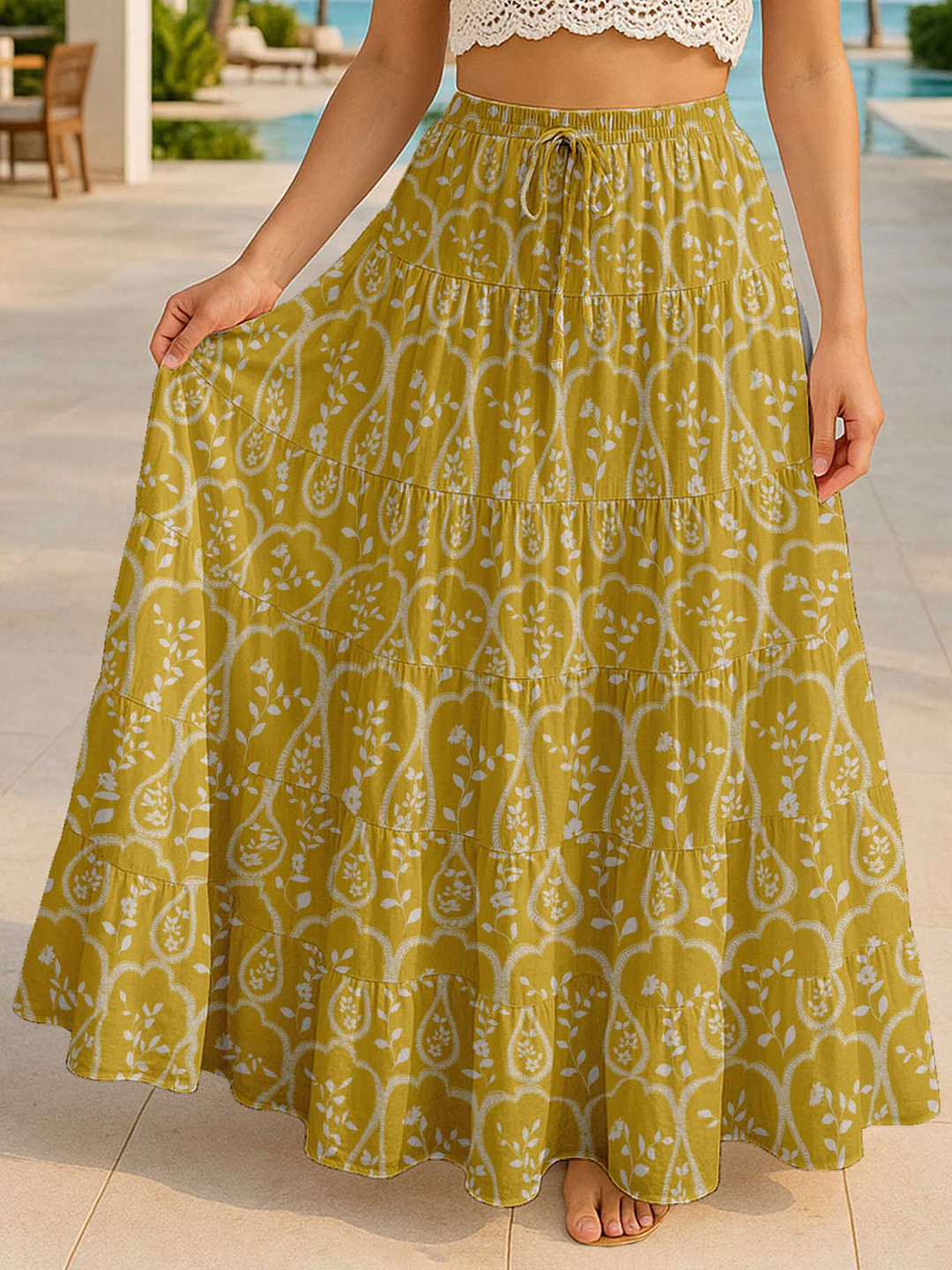 Moomaya Women Cotton Tiered Maxi Summer Skirt